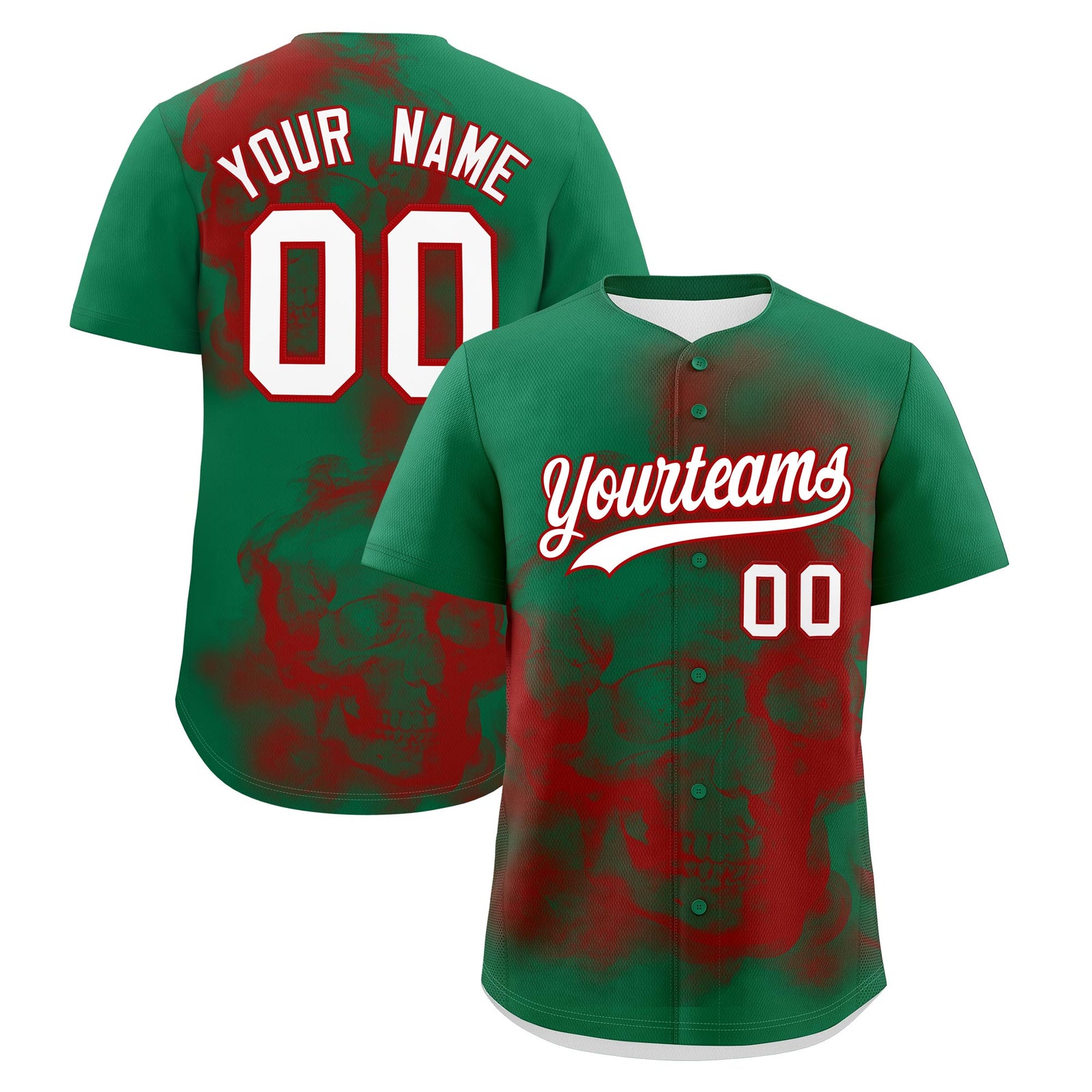 Custom Kelly Green Red White skeleton Graffiti Pattern Quick Dry Baseball Jersey| KXKSHOP