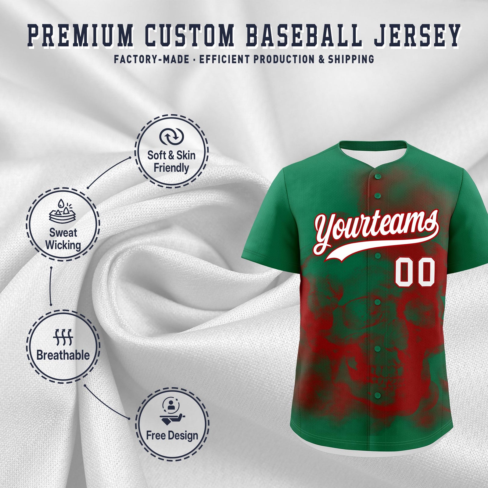 Custom Kelly Green Red White skeleton Graffiti Pattern Quick Dry Baseball Jersey| KXKSHOP
