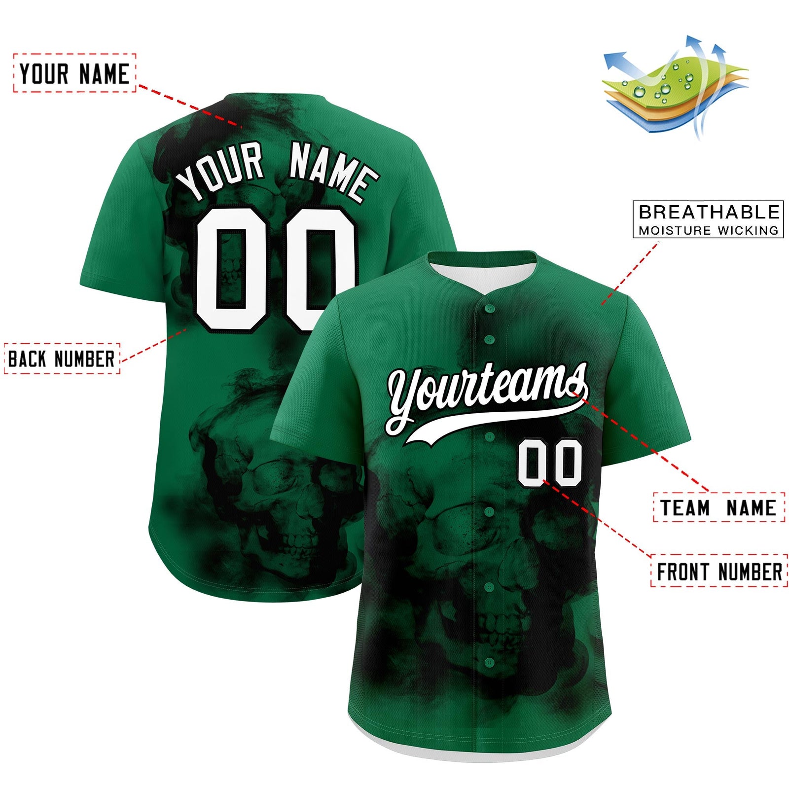 Custom Kelly Green Black White skeleton Graffiti Pattern Lightweight Baseball Jersey| KXKSHOP