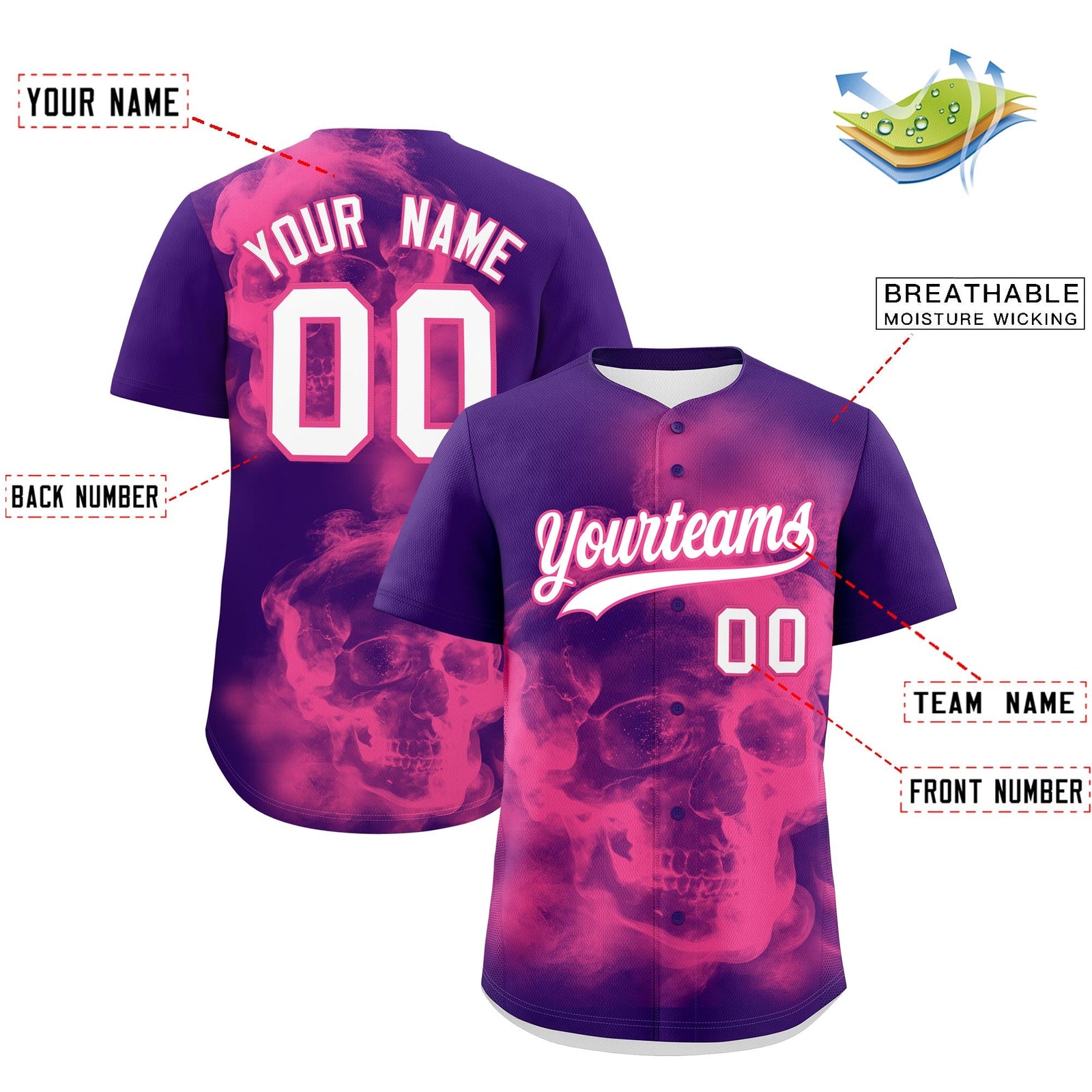 Custom Purple Pink White skeleton Graffiti Pattern Quick Dry Baseball Jersey| KXKSHOP
