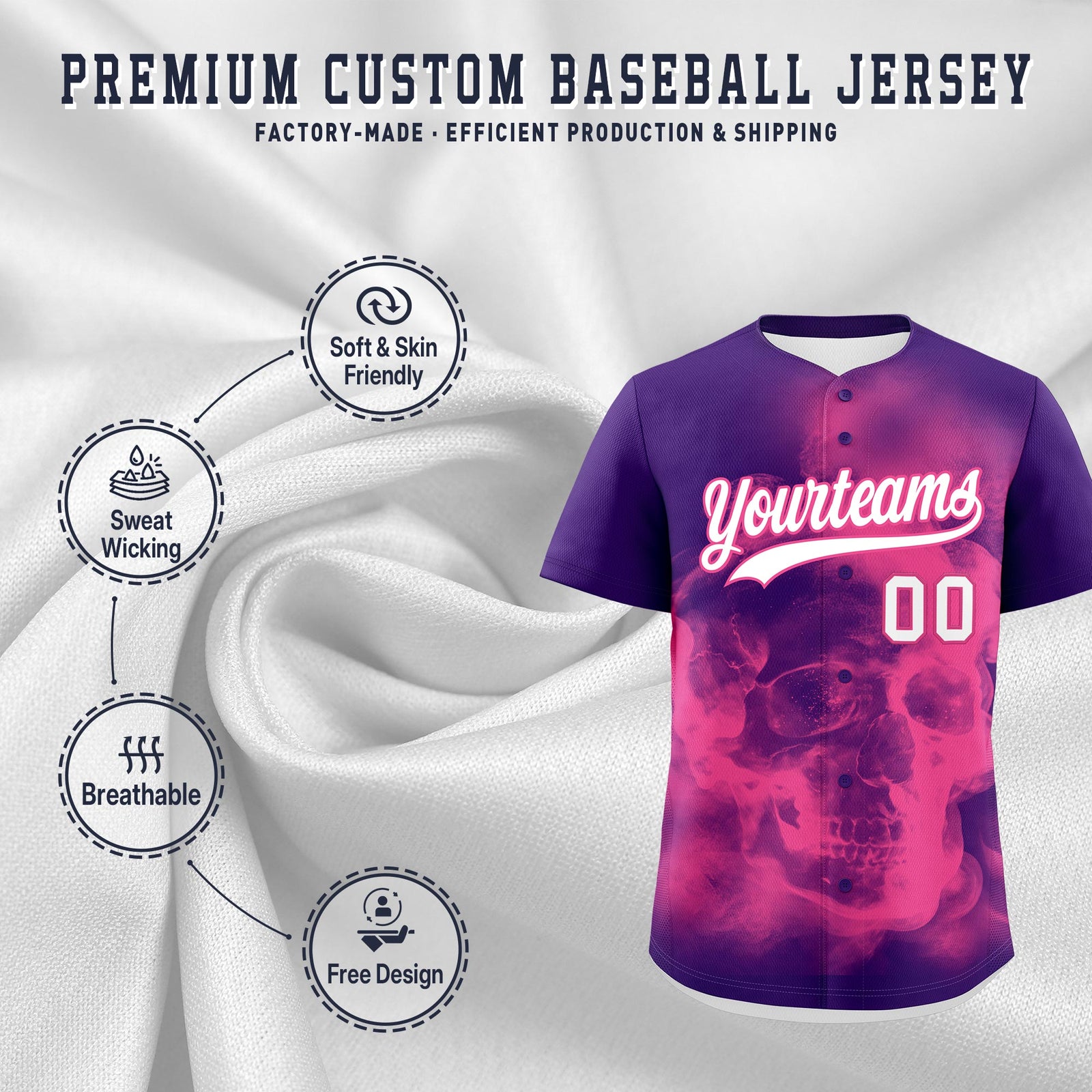 Custom Purple Pink White skeleton Graffiti Pattern Quick Dry Baseball Jersey| KXKSHOP