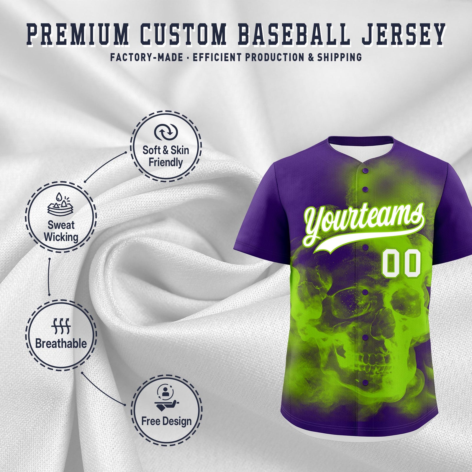 Custom Purple Neon Green White skeleton Graffiti Pattern Quick Dry Baseball Jersey| KXKSHOP