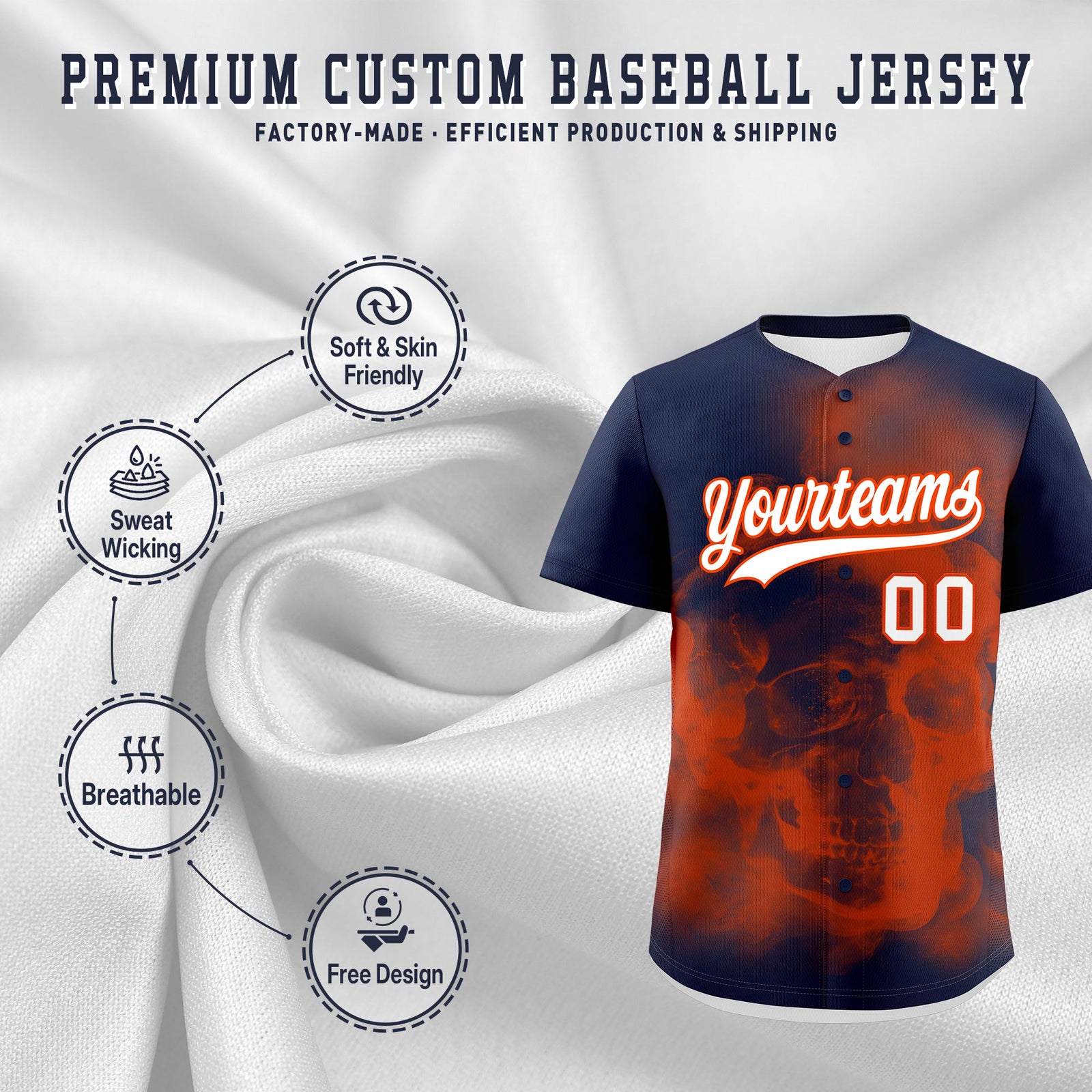 Custom Navy Orange White skeleton Graffiti Pattern Lightweight Baseball Jersey| KXKSHOP