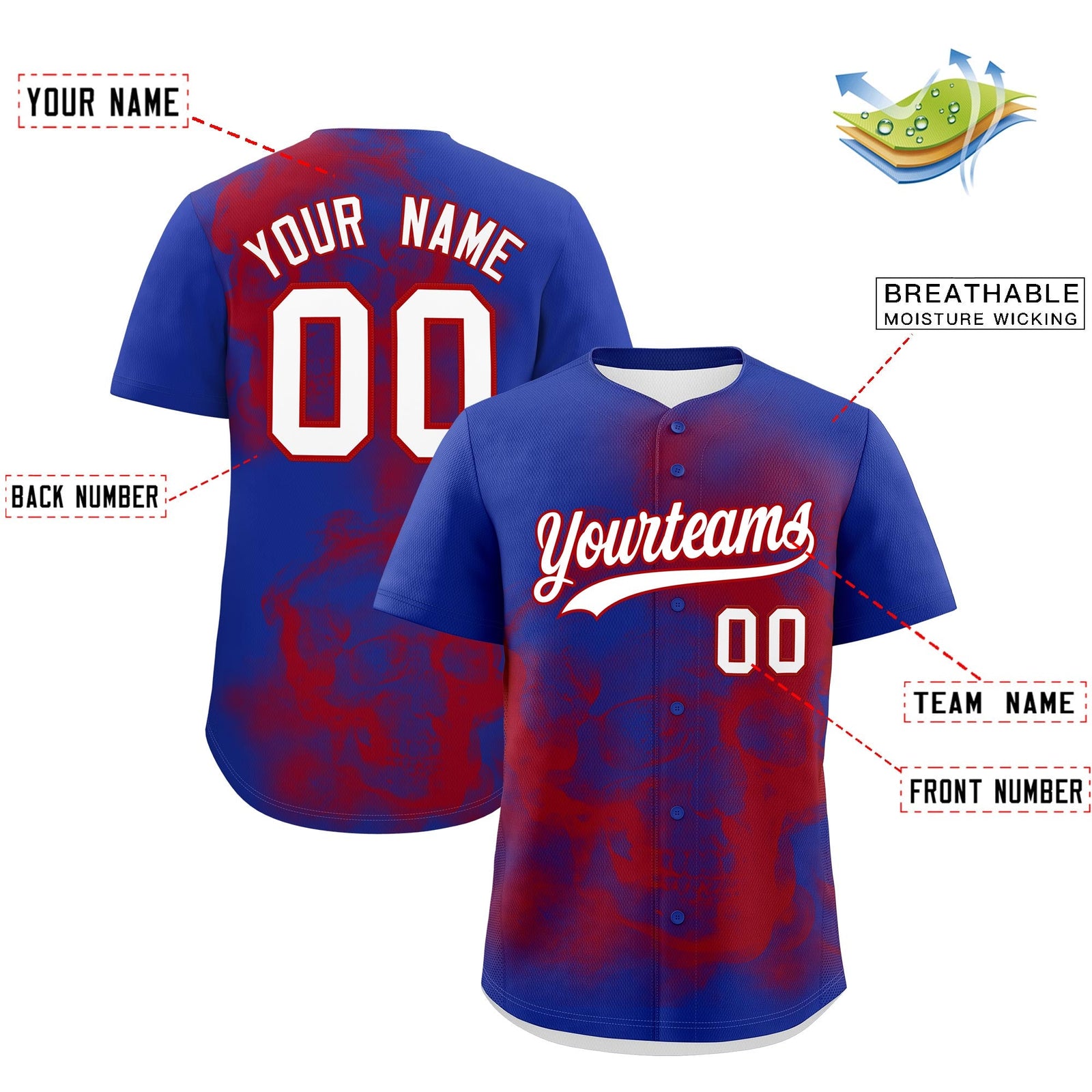 Custom Royal Blue Red White skeleton Graffiti Pattern Quick Dry Baseball Jersey| KXKSHOP