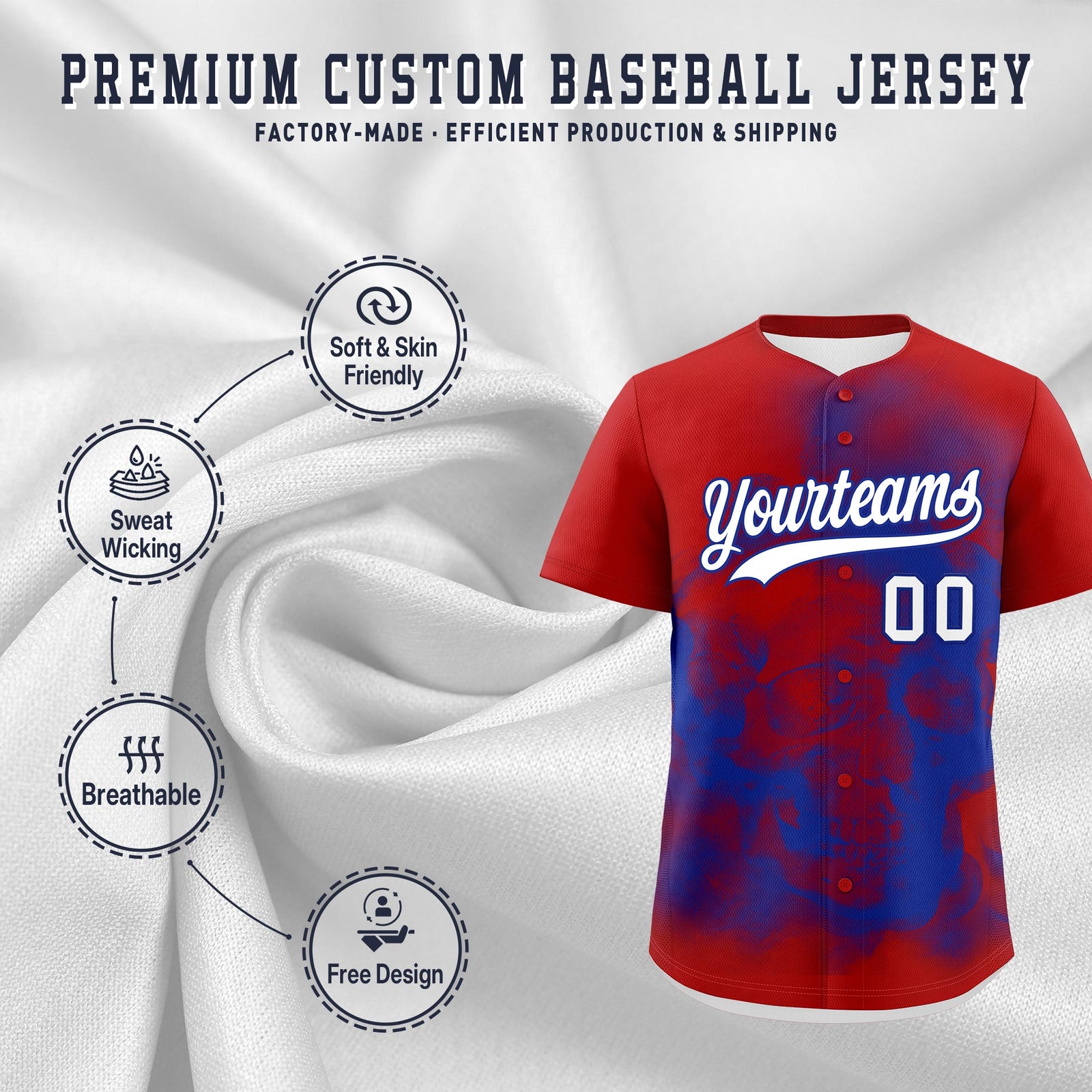Custom Red Royal Blue White skeleton Graffiti Pattern Lightweight Baseball Jersey| KXKSHOP
