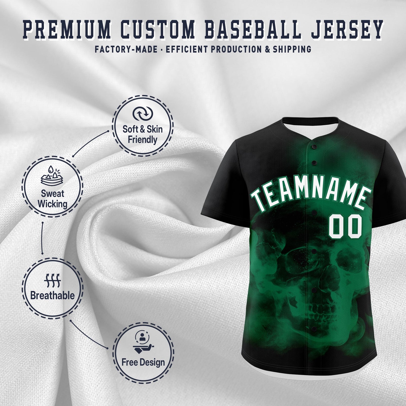 Custom Black Kelly Green White skeleton Graffiti Pattern Quick Dry Baseball Jersey| KXKSHOP