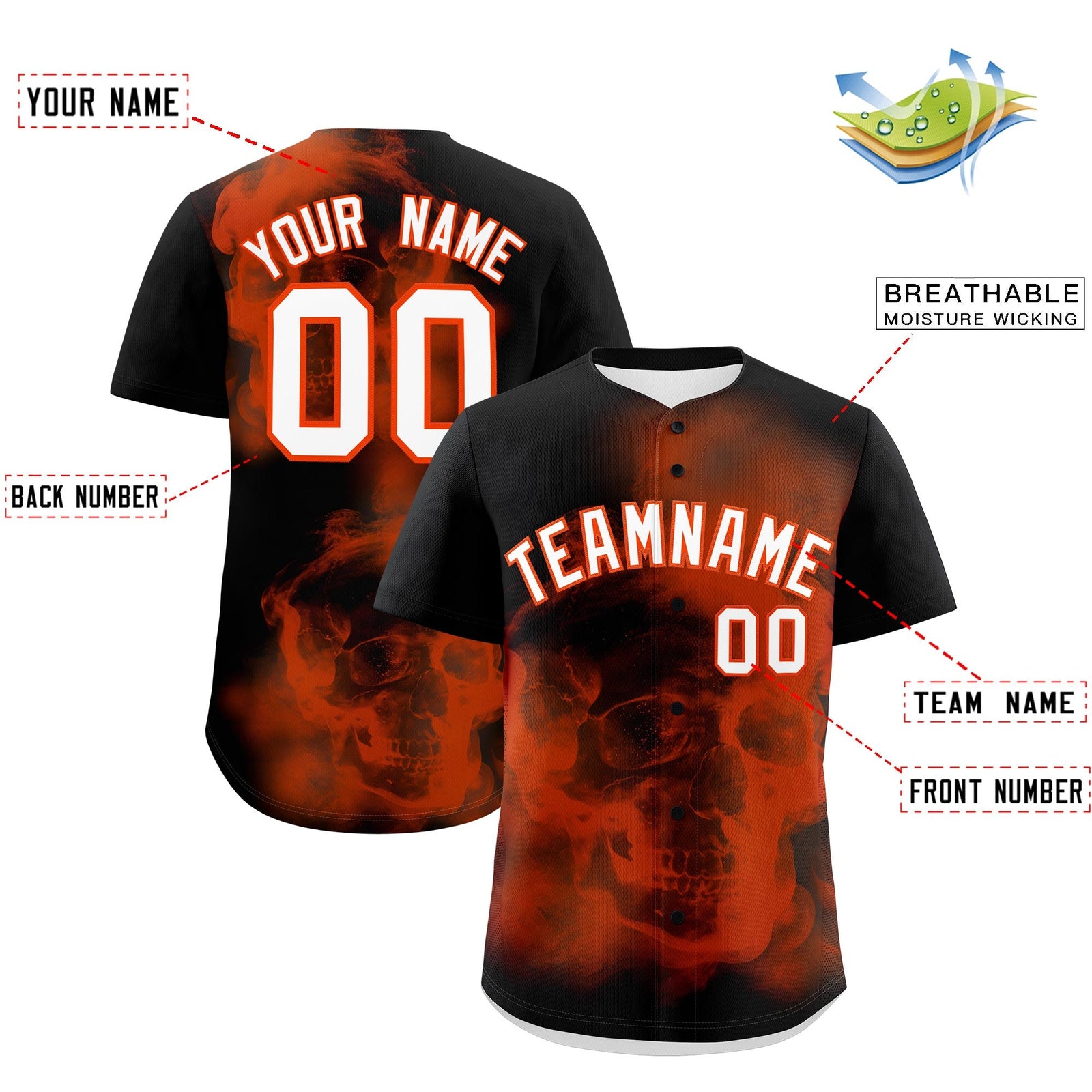 Custom Black Orange White skeleton Graffiti Pattern Quick Dry Baseball Jersey| KXKSHOP