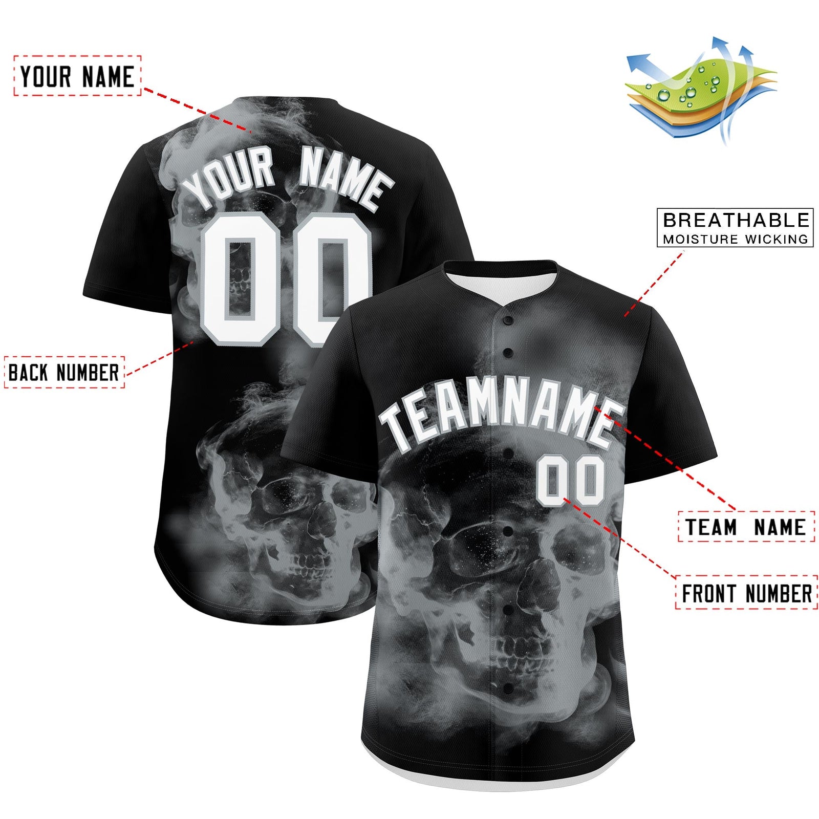 Custom Black Silver White skeleton Graffiti Pattern Lightweight Baseball Jersey| KXKSHOP