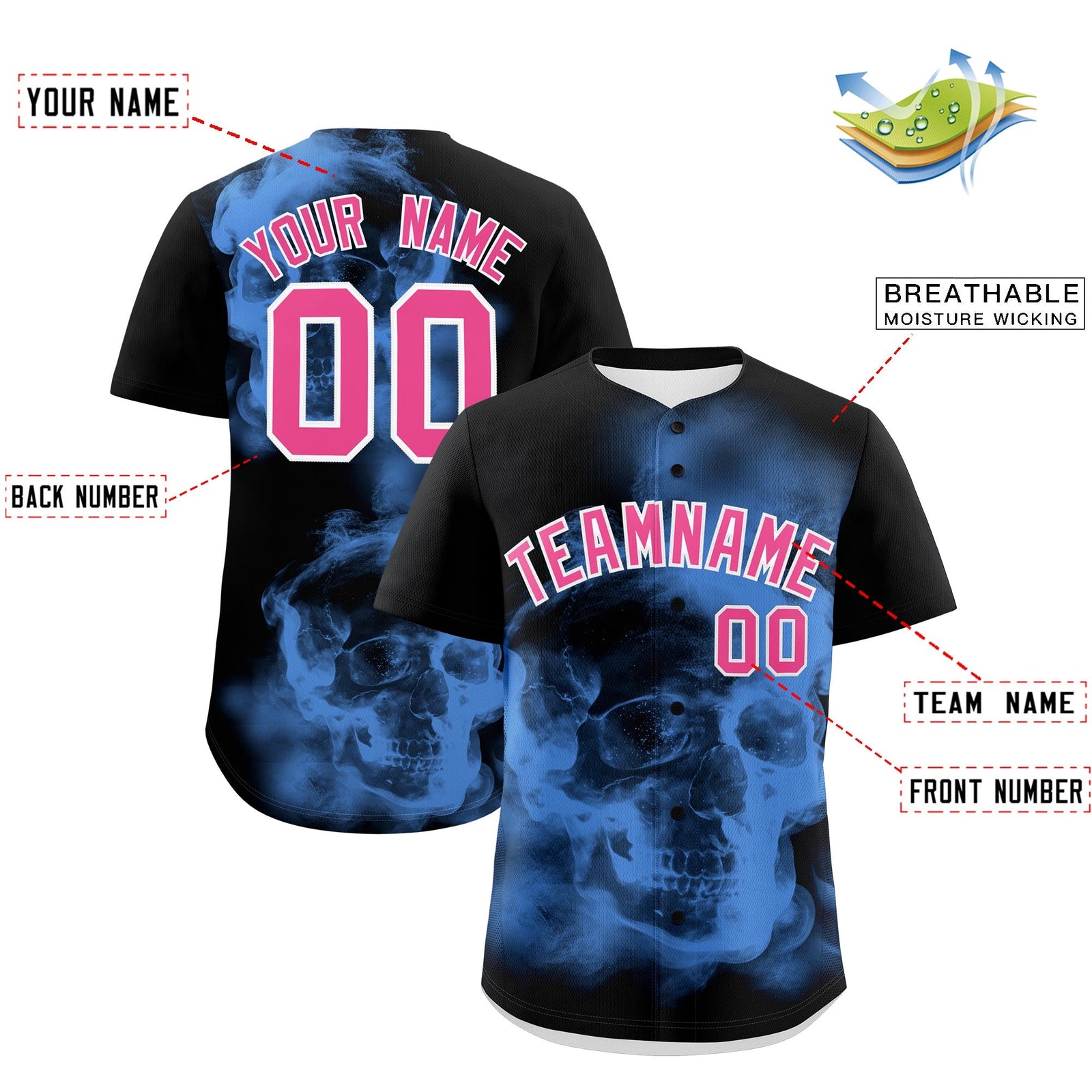 Custom Black Powder Blue Pink skeleton Graffiti Pattern Quick Dry Baseball Jersey| KXKSHOP