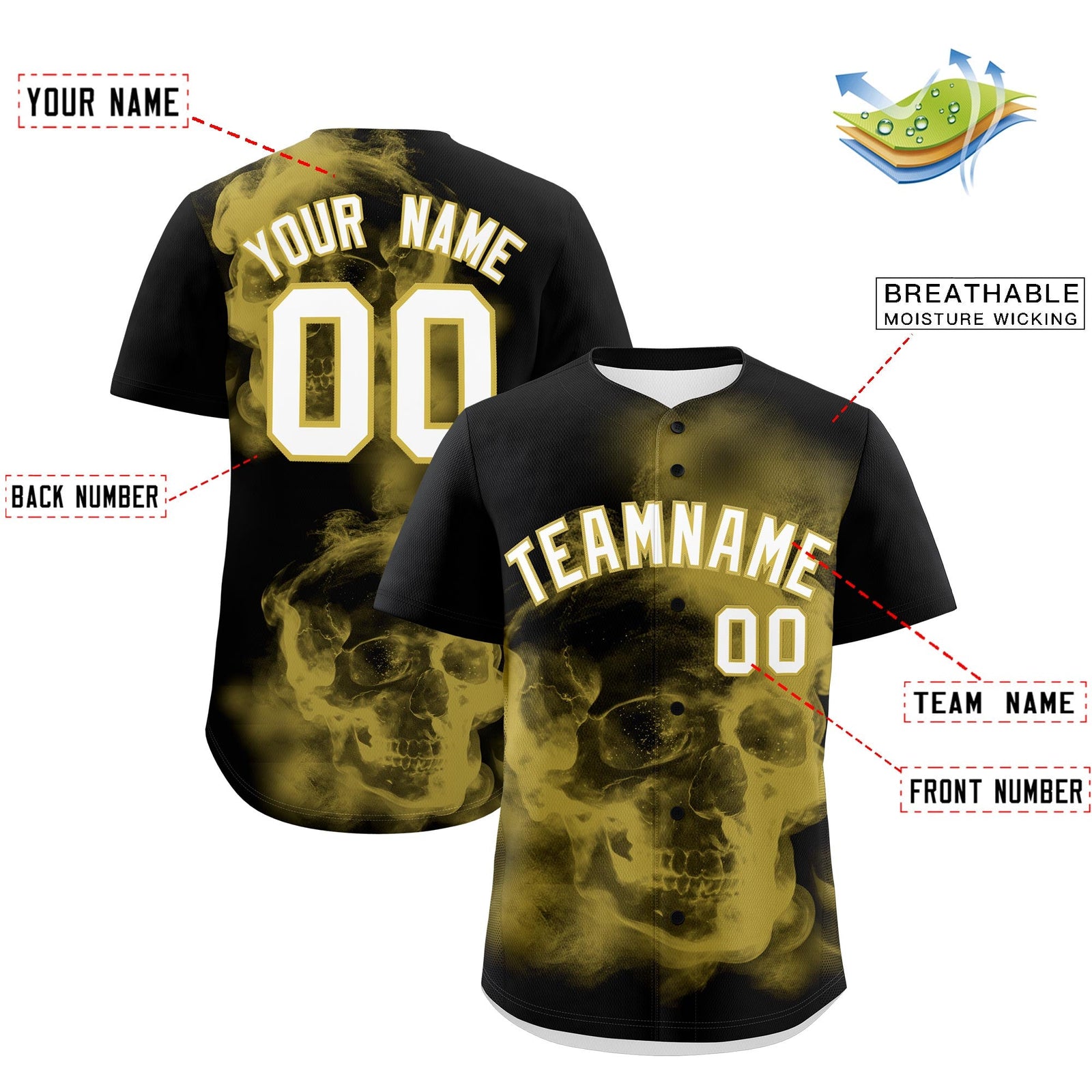 Custom Black Old Gold White skeleton Graffiti Pattern Lightweight Baseball Jersey| KXKSHOP