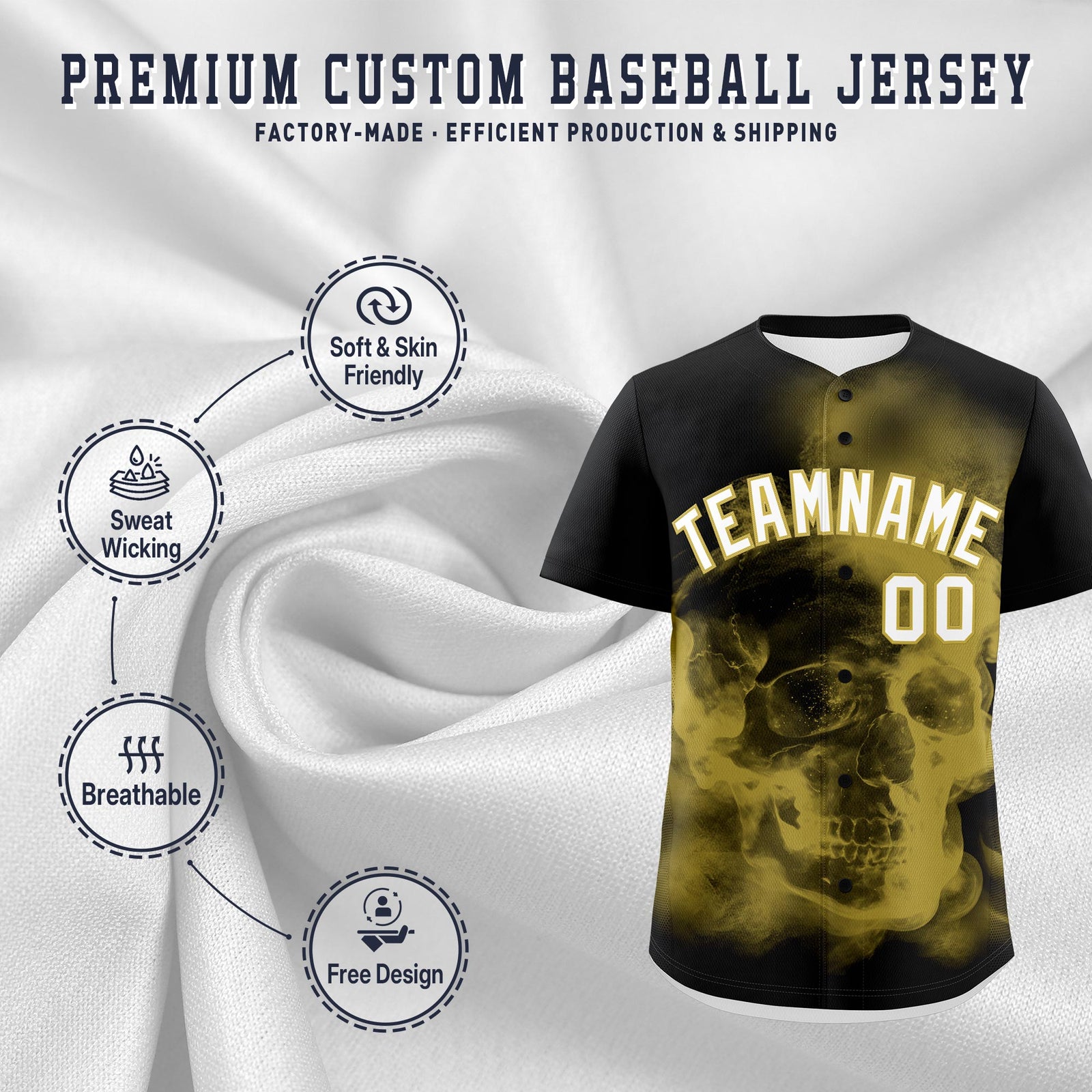 Custom Black Old Gold White skeleton Graffiti Pattern Lightweight Baseball Jersey| KXKSHOP