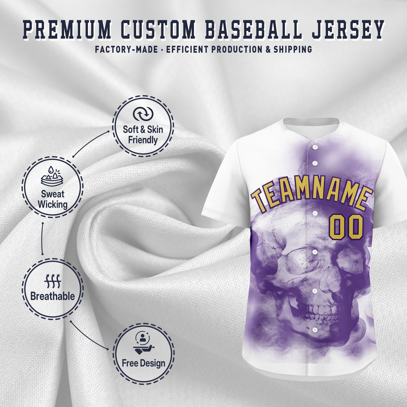 Custom White Purple Old Gold skeleton Graffiti Pattern Quick Dry Baseball Jersey| KXKSHOP