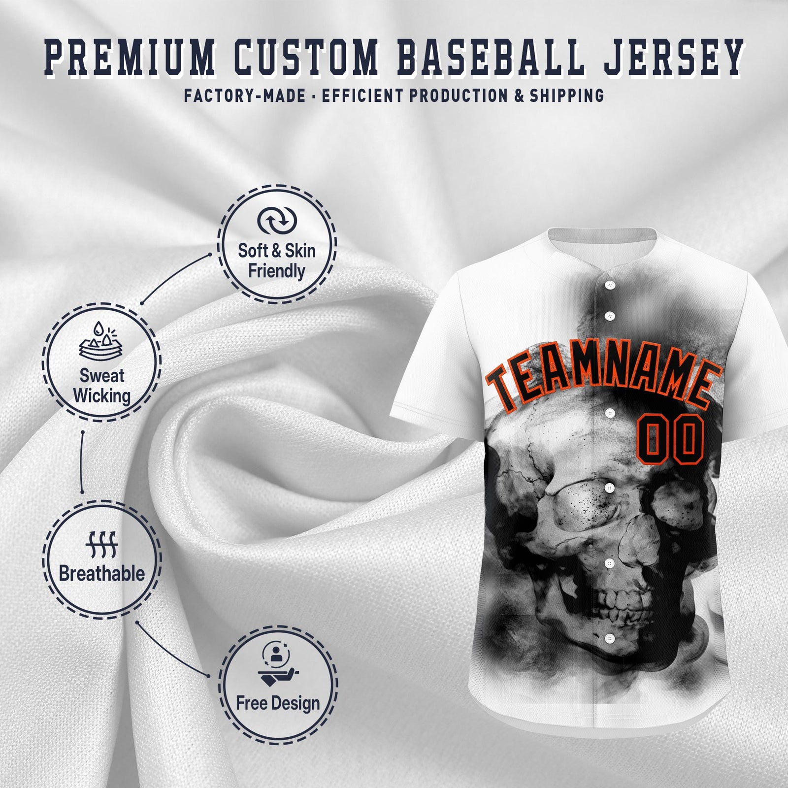 Custom White Black Orange skeleton Graffiti Pattern Quick Dry Baseball Jersey| KXKSHOP