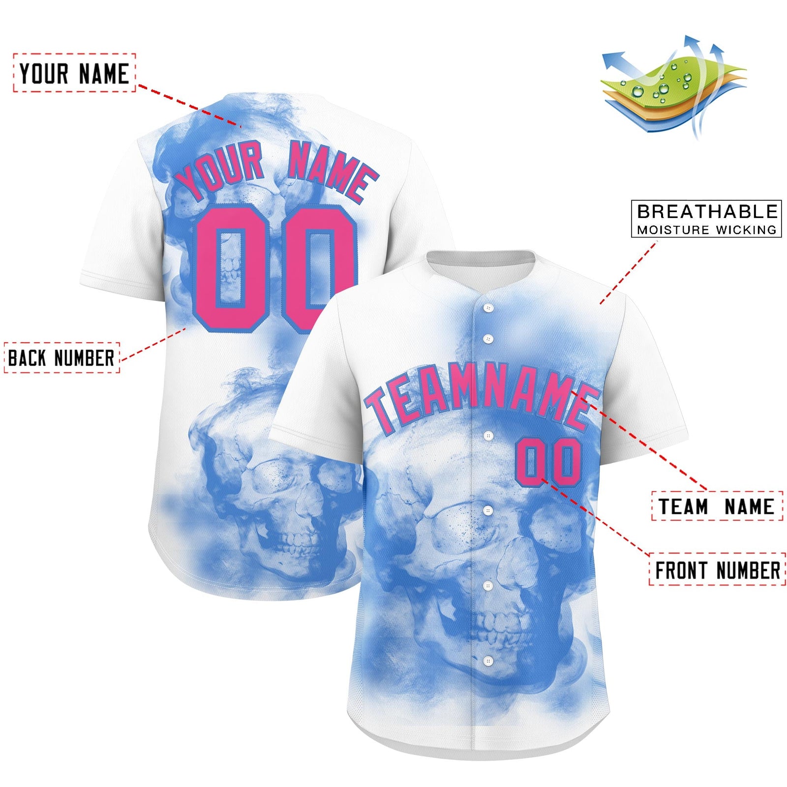 Custom White Powder Blue Pink skeleton Graffiti Pattern Quick Dry Baseball Jersey| KXKSHOP