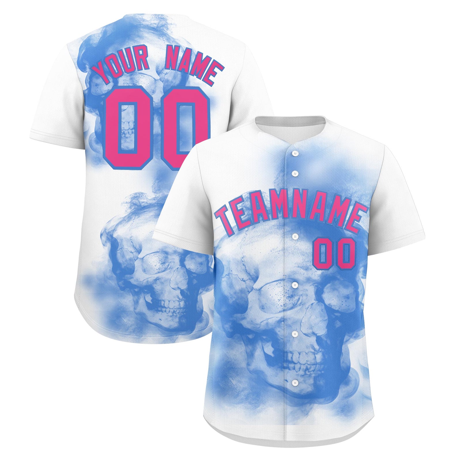 Custom White Powder Blue Pink skeleton Graffiti Pattern Quick Dry Baseball Jersey| KXKSHOP