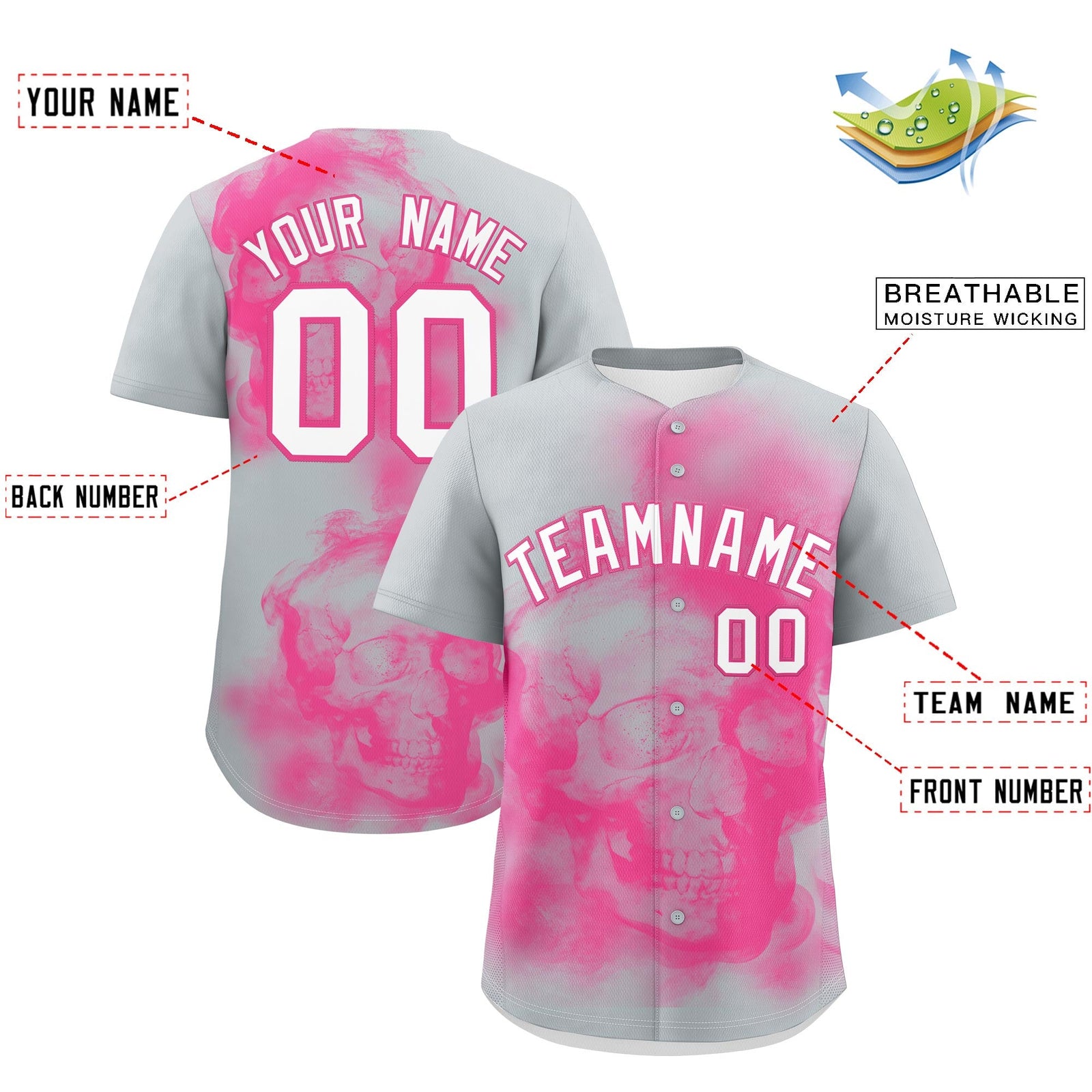 Custom Silver Pink White skeleton Graffiti Pattern Lightweight Baseball Jersey| KXKSHOP