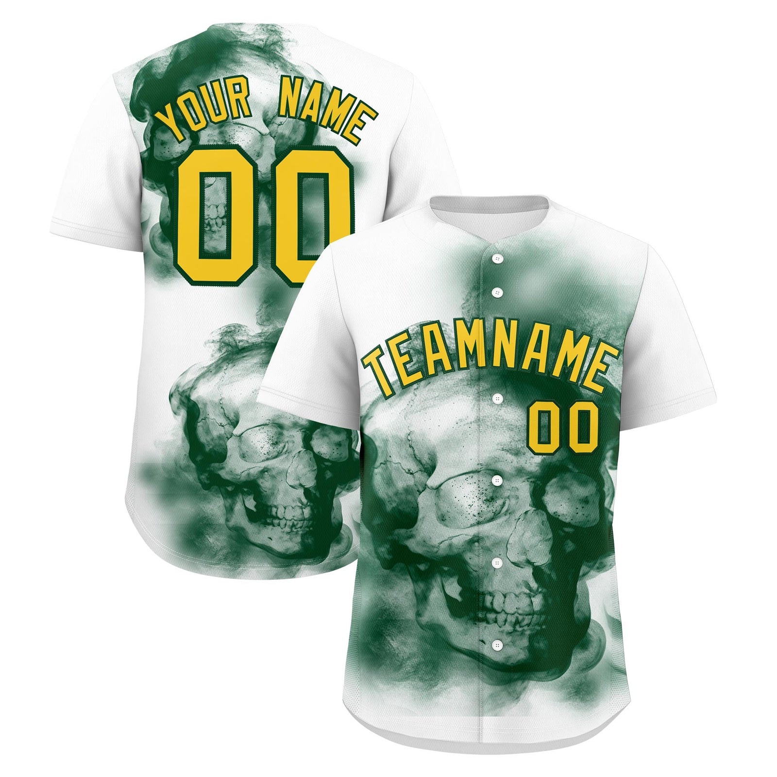 Custom White Dark Green Gold skeleton Graffiti Pattern Lightweight Baseball Jersey| KXKSHOP