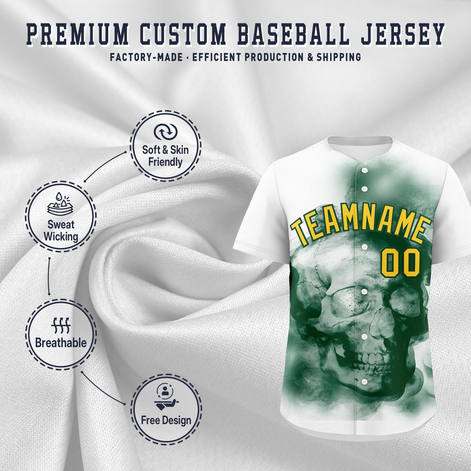 Custom White Dark Green Gold skeleton Graffiti Pattern Lightweight Baseball Jersey| KXKSHOP