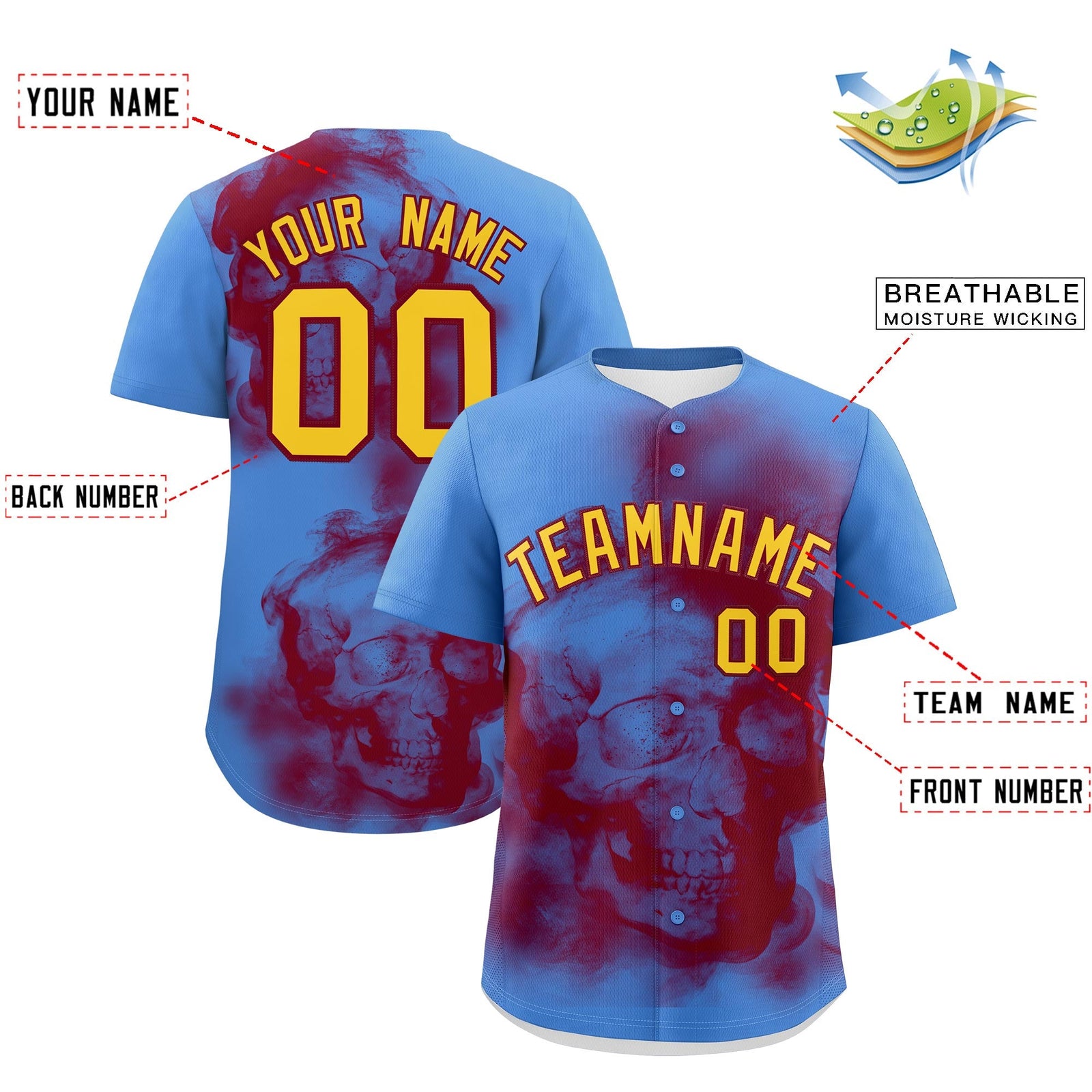 Custom Powder Blue Crimson Gold skeleton Graffiti Pattern Quick Dry Baseball Jersey| KXKSHOP