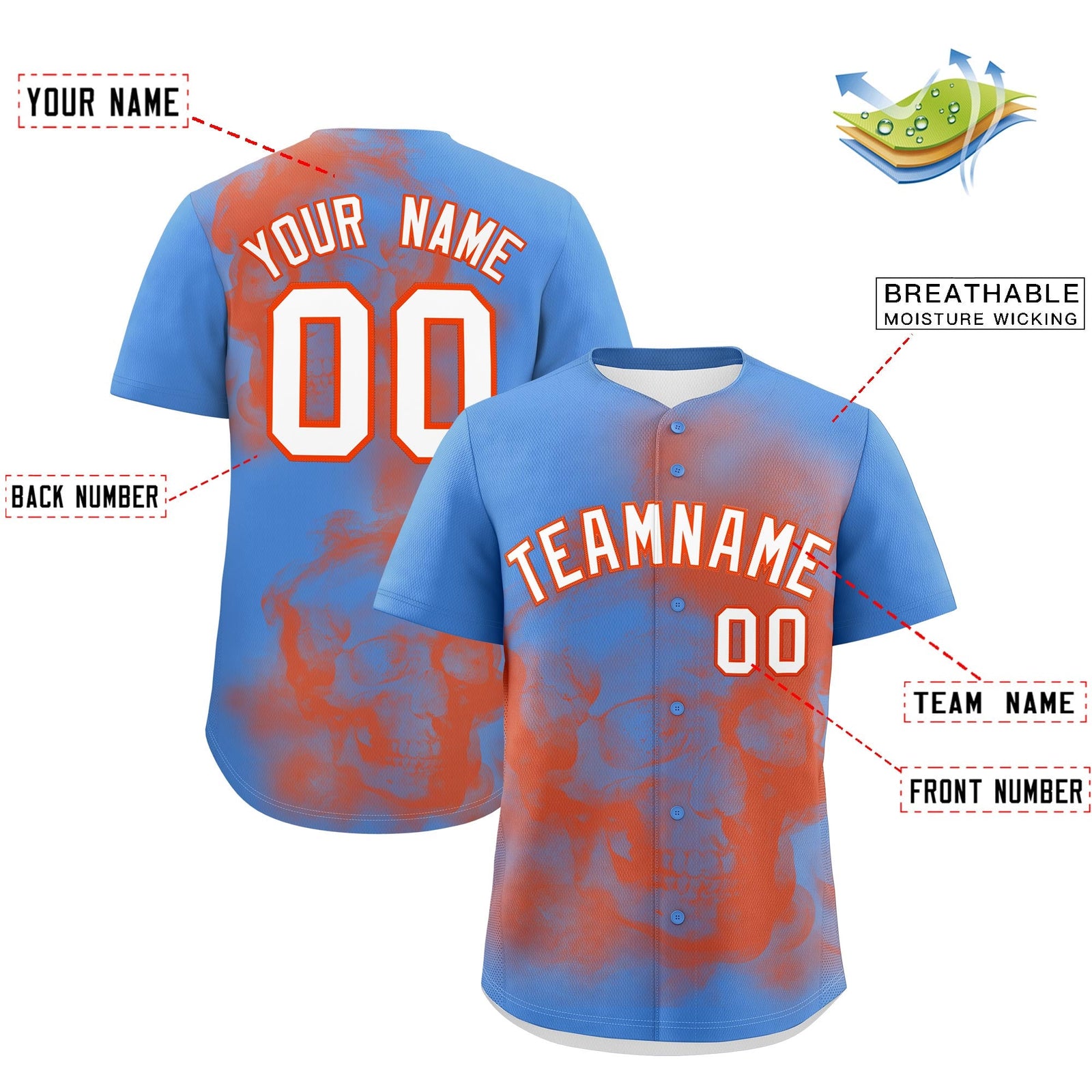 Custom Powder Blue Orange White skeleton Graffiti Pattern Lightweight Baseball Jersey| KXKSHOP
