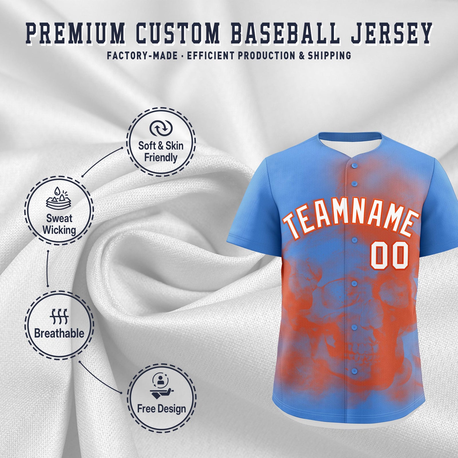 Custom Powder Blue Orange White skeleton Graffiti Pattern Lightweight Baseball Jersey| KXKSHOP