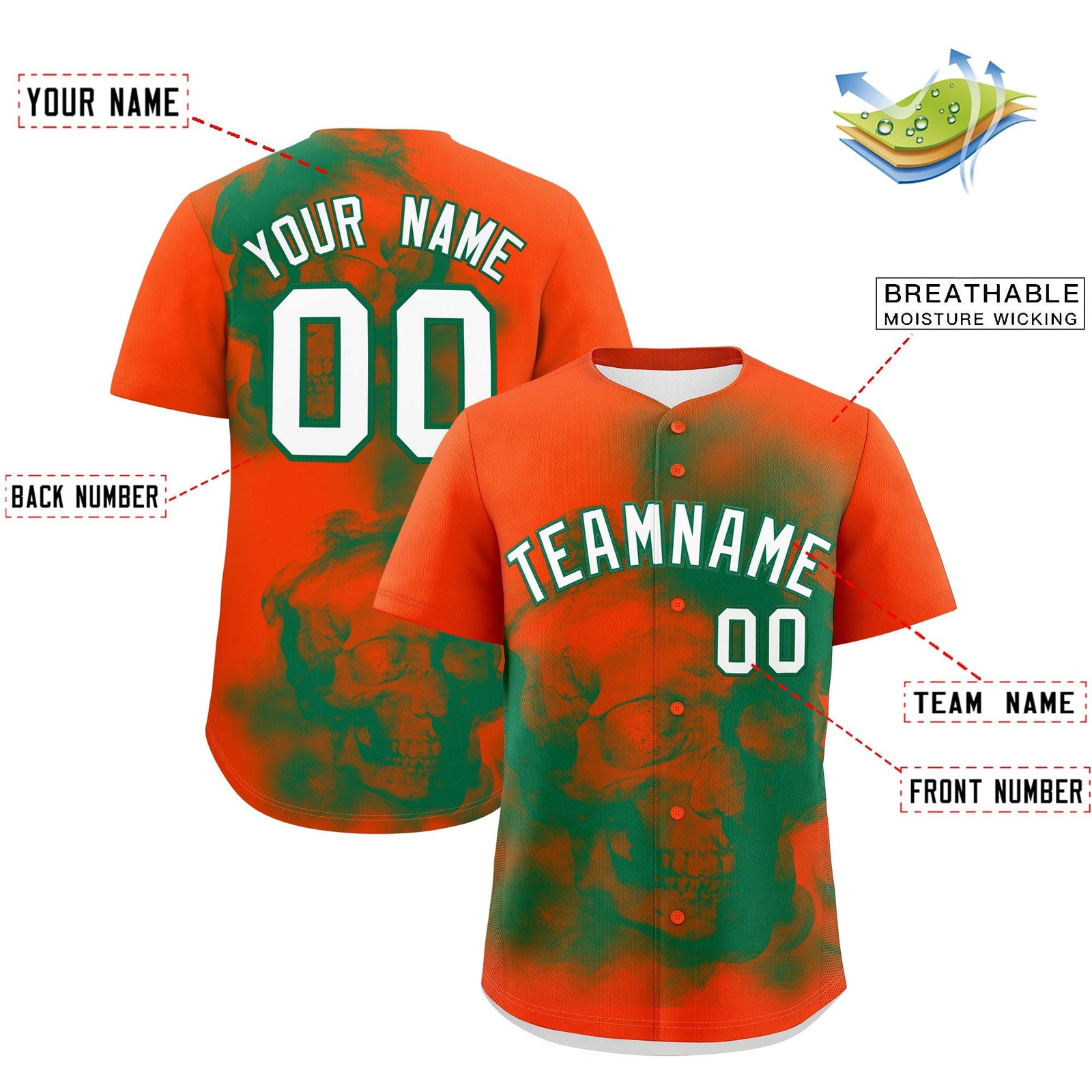 Custom Orange Kelly Green White skeleton Graffiti Pattern Quick Dry Baseball Jersey| KXKSHOP
