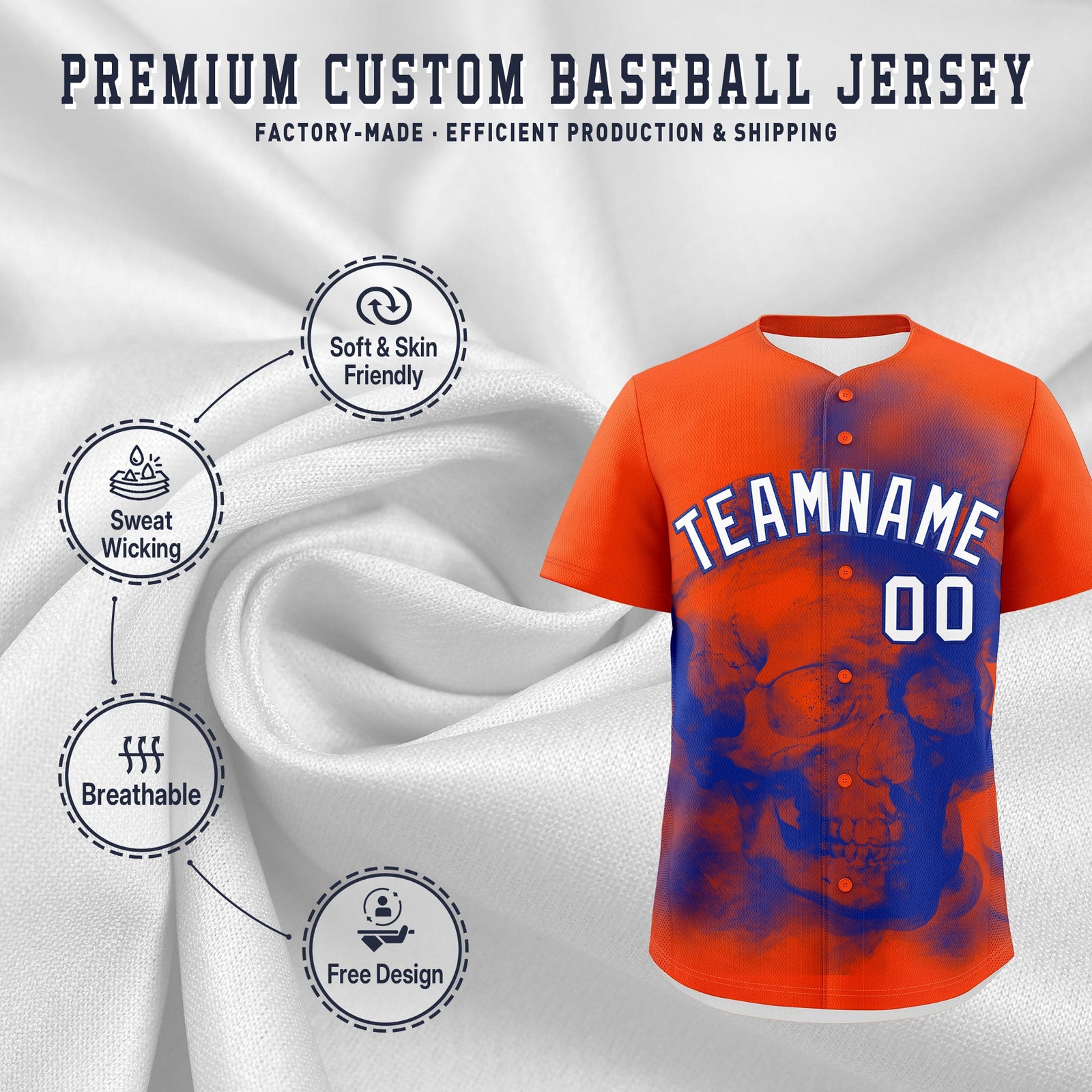 Custom Orange Royal Blue White skeleton Graffiti Pattern Lightweight Baseball Jersey| KXKSHOP