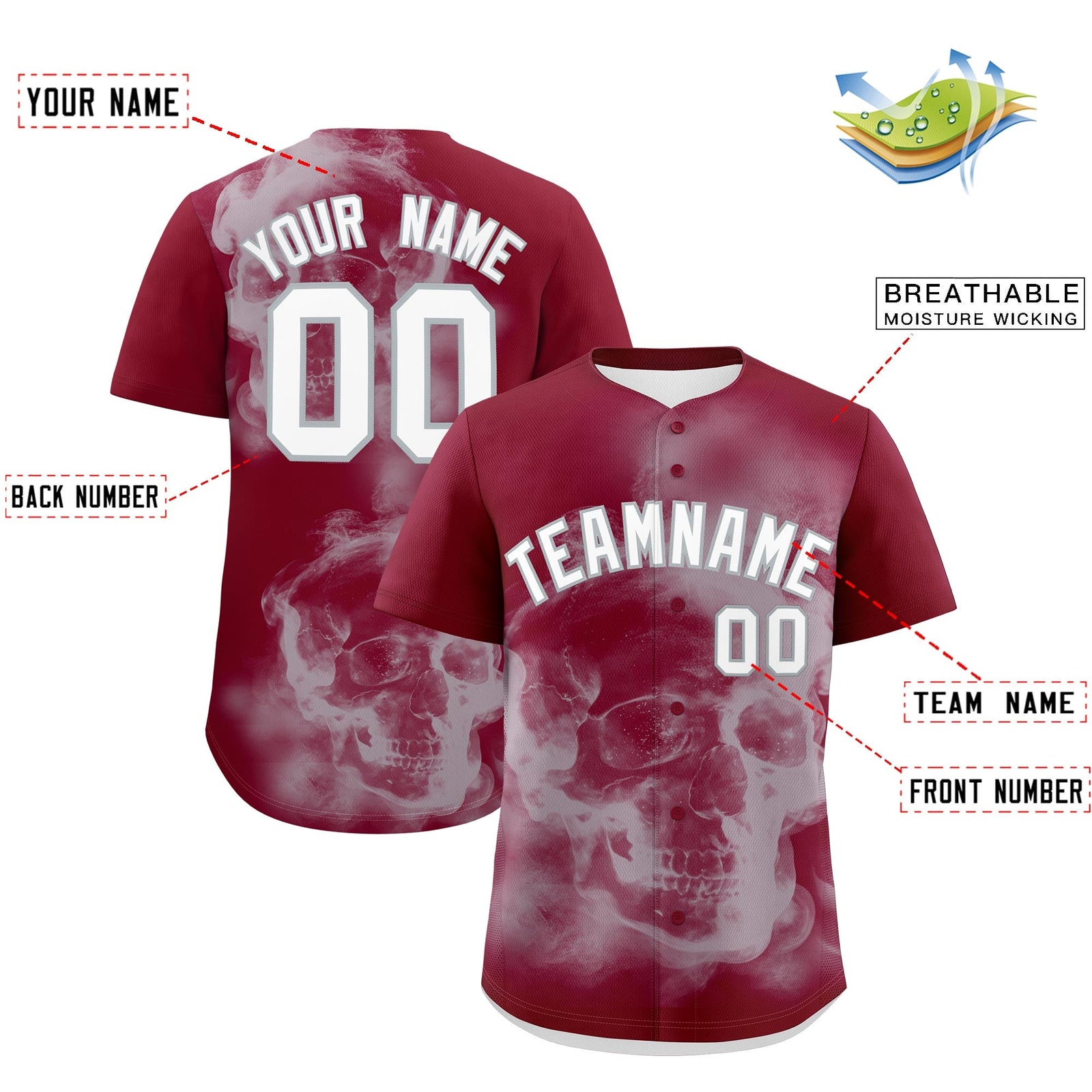 Custom Crimson Silver White skeleton Graffiti Pattern Quick Dry Baseball Jersey| KXKSHOP