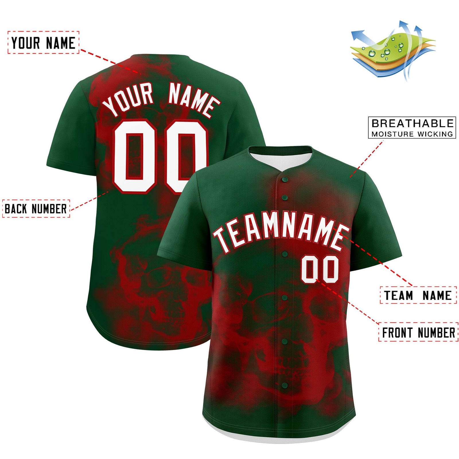 Custom Dark Green Red White skeleton Graffiti Pattern Lightweight Baseball Jersey| KXKSHOP