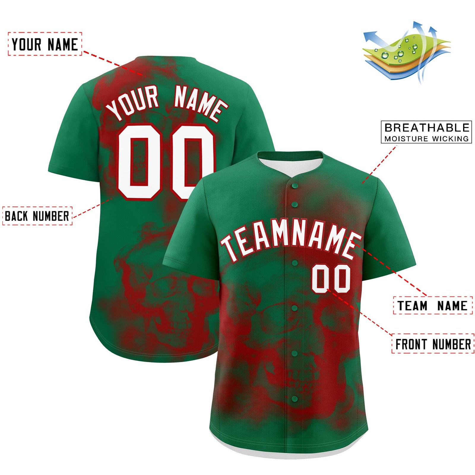 Custom Kelly Green Red White skeleton Graffiti Pattern Quick Dry Baseball Jersey| KXKSHOP