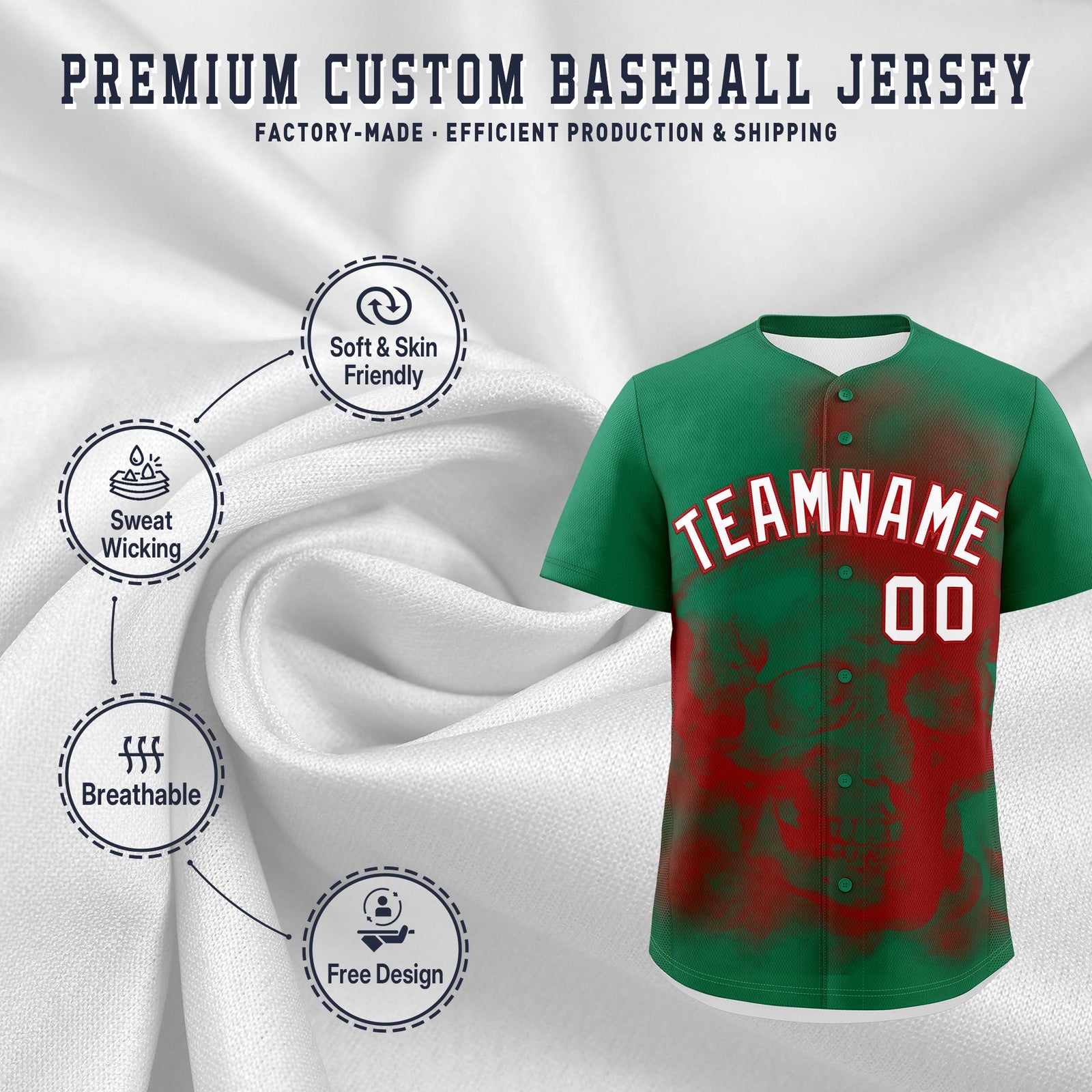 Custom Kelly Green Red White skeleton Graffiti Pattern Quick Dry Baseball Jersey| KXKSHOP