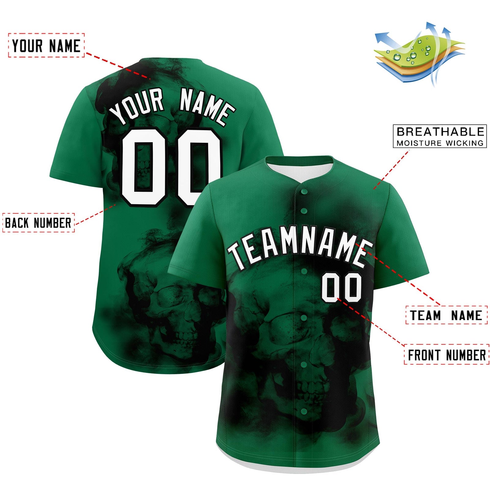 Custom Kelly Green Black White skeleton Graffiti Pattern Lightweight Baseball Jersey| KXKSHOP