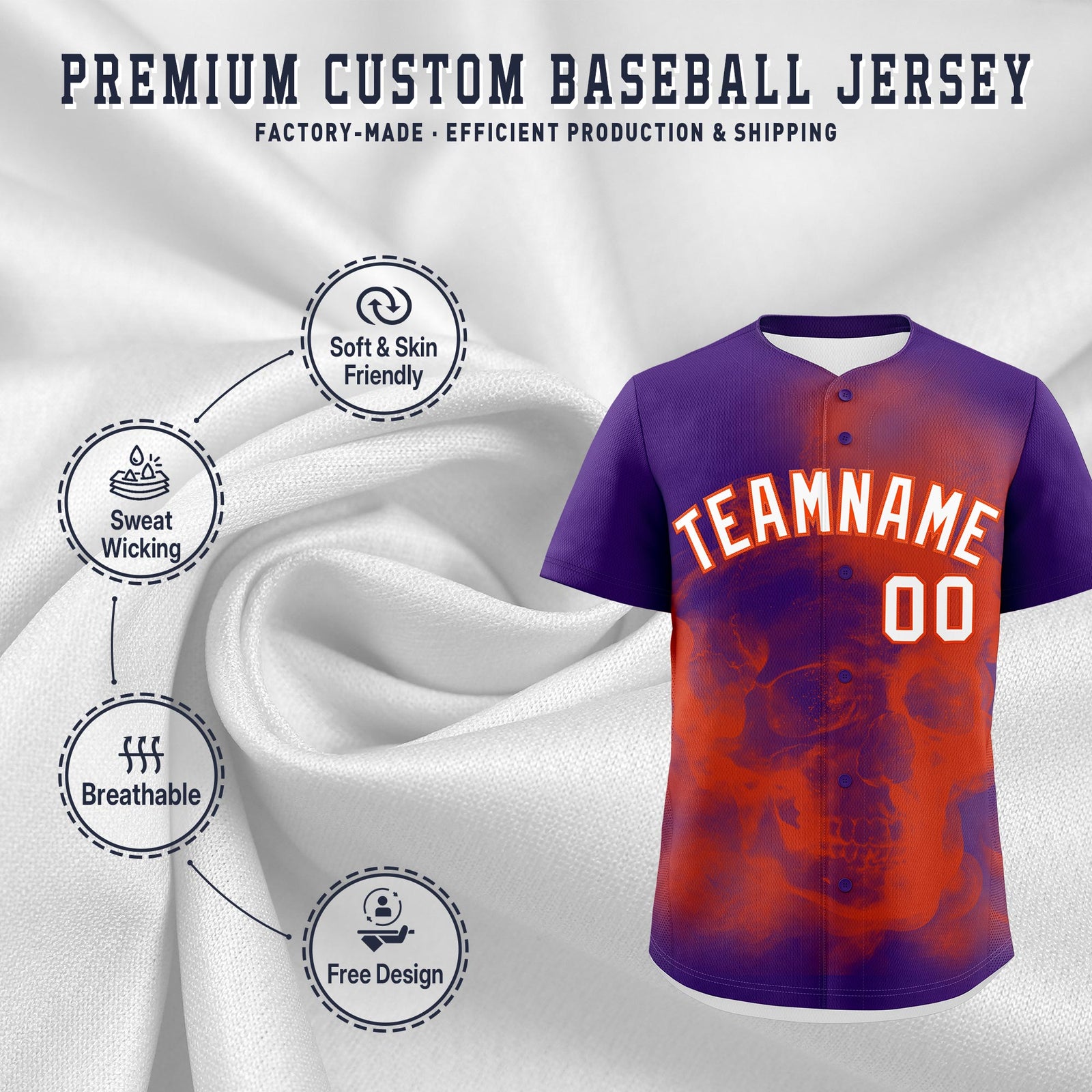 Custom Purple Orange White skeleton Graffiti Pattern Lightweight Baseball Jersey| KXKSHOP