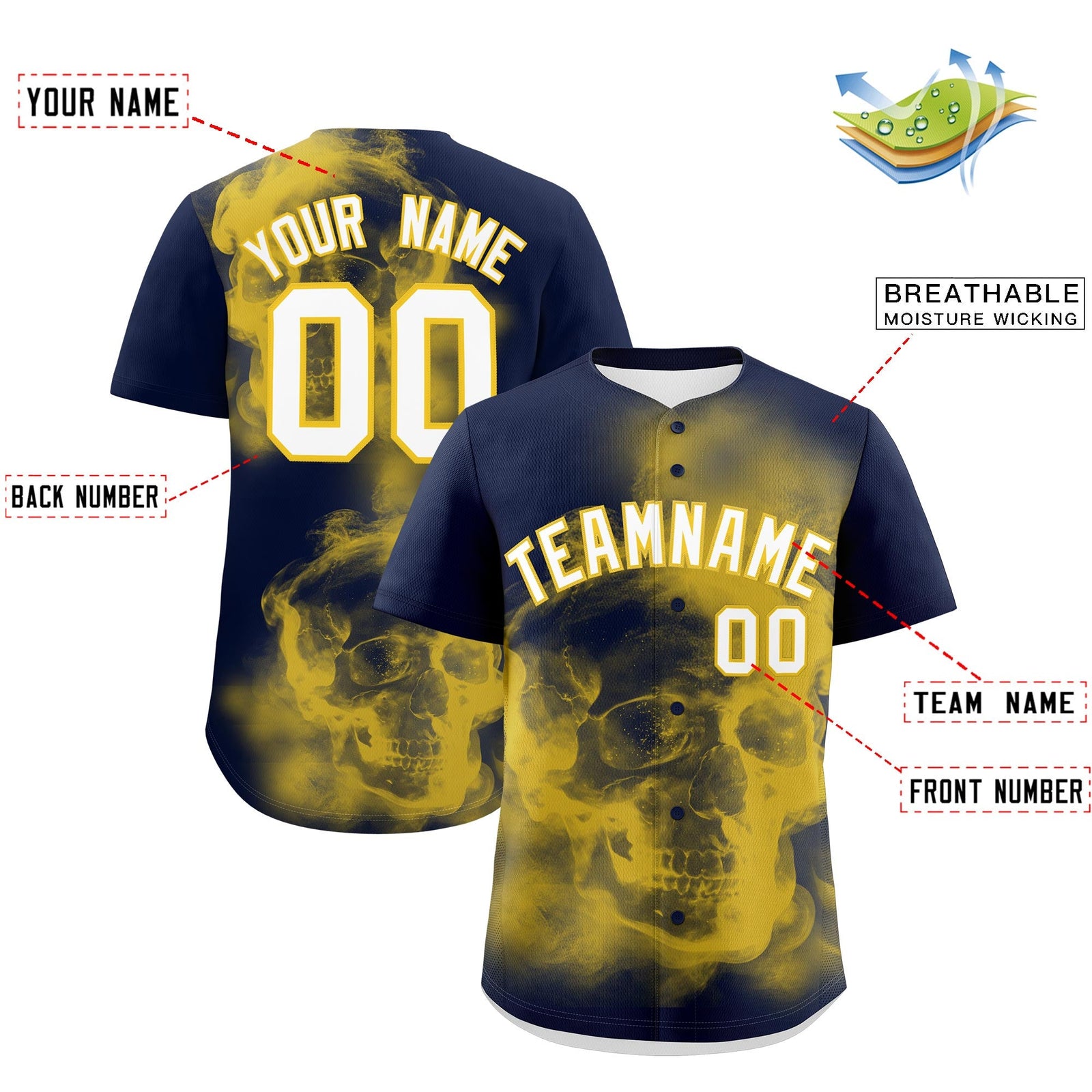 Custom Navy Gold White skeleton Graffiti Pattern Quick Dry Baseball Jersey| KXKSHOP
