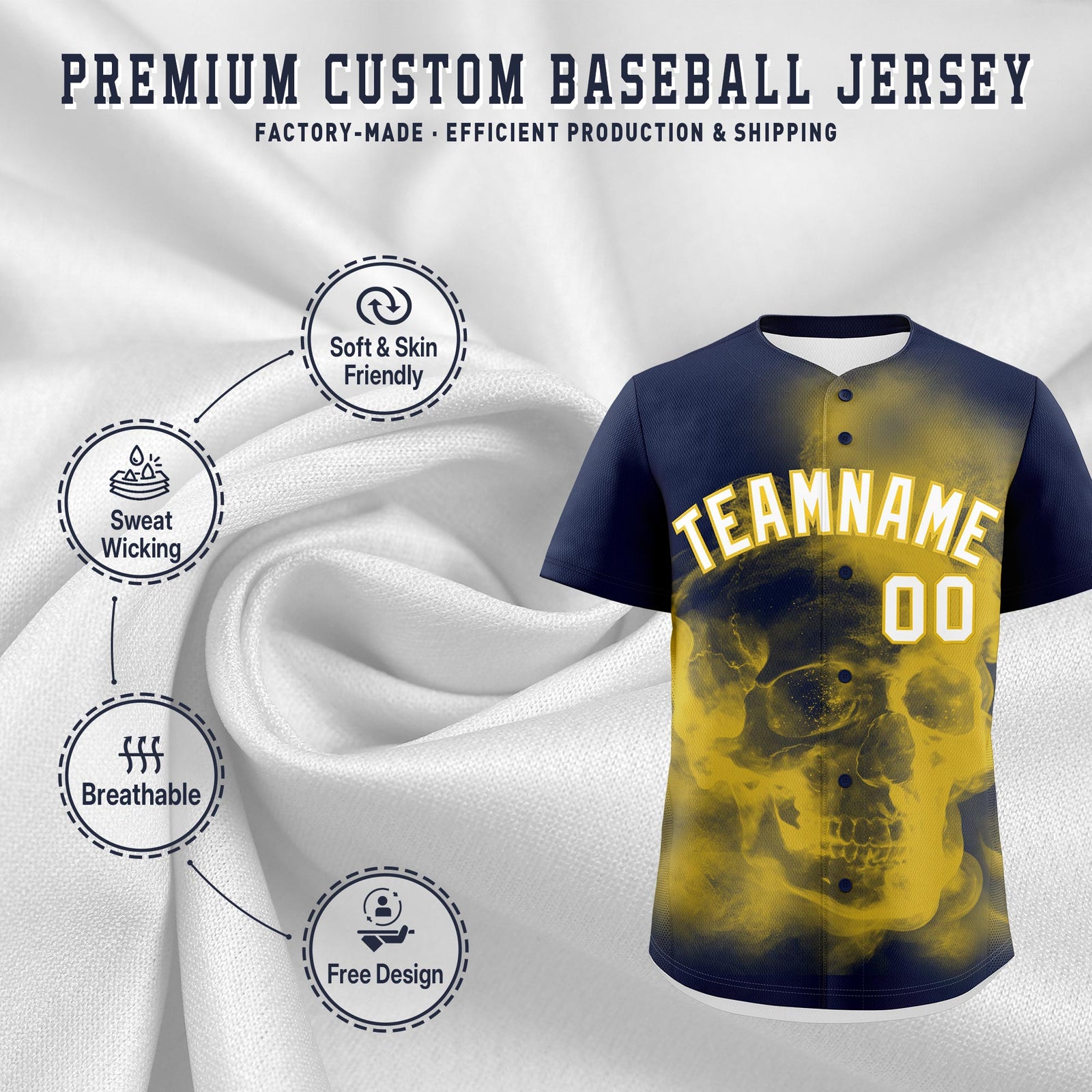 Custom Navy Gold White skeleton Graffiti Pattern Quick Dry Baseball Jersey| KXKSHOP