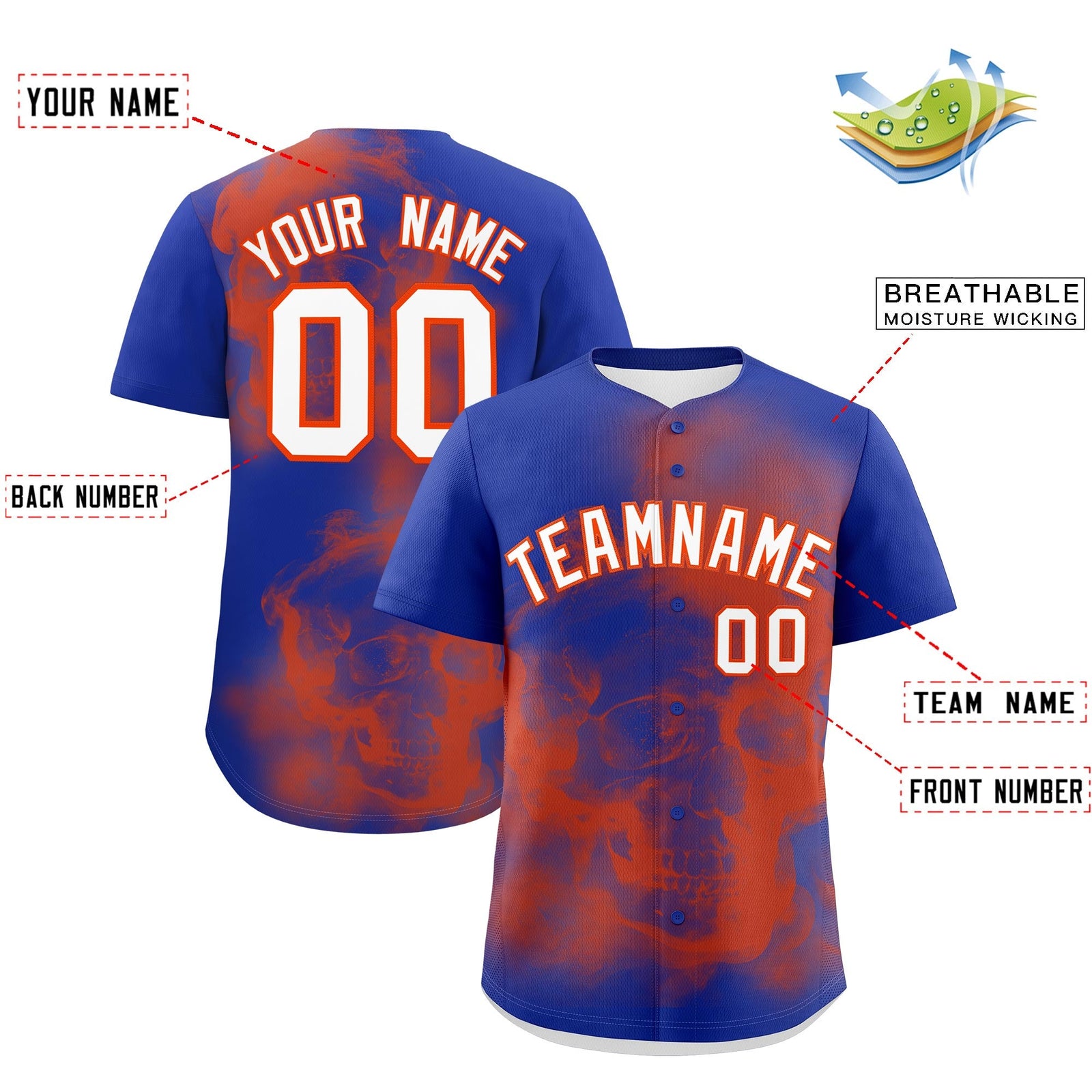 Custom Royal Blue Orange White skeleton Graffiti Pattern Quick Dry Baseball Jersey| KXKSHOP