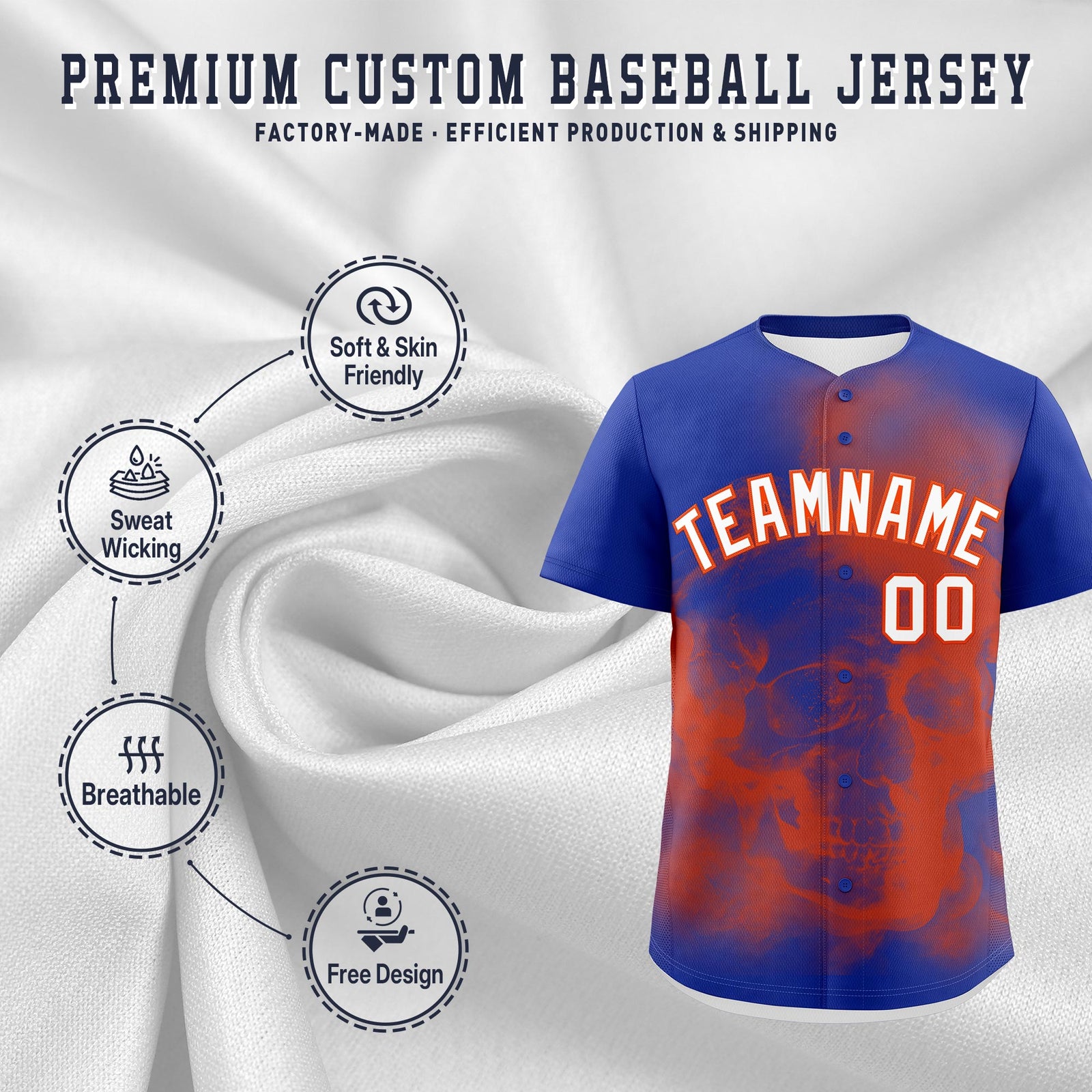 Custom Royal Blue Orange White skeleton Graffiti Pattern Quick Dry Baseball Jersey| KXKSHOP