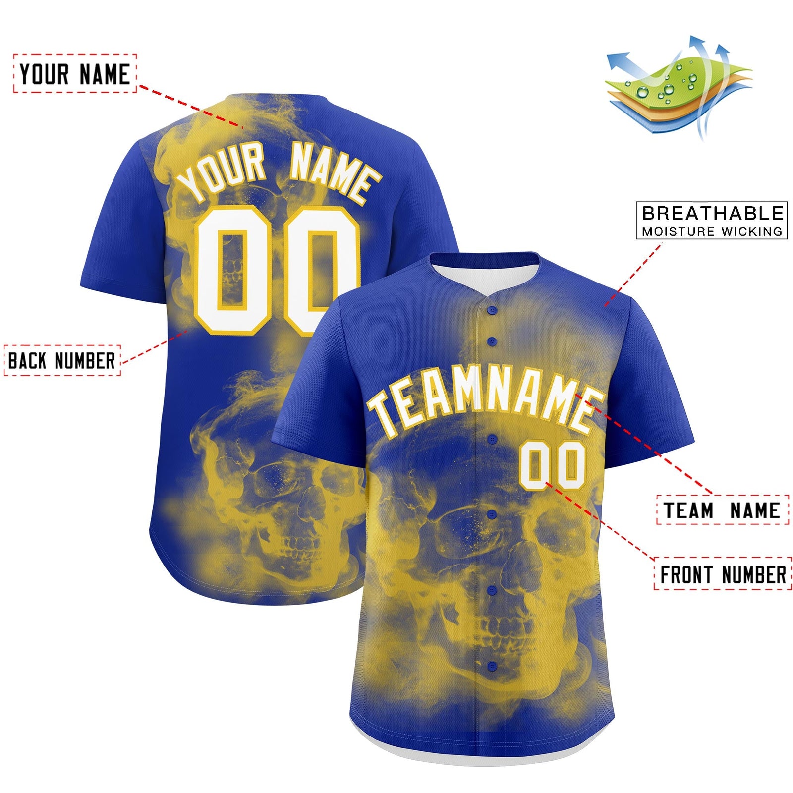 Custom Royal Blue Gold White skeleton Graffiti Pattern Lightweight Baseball Jersey| KXKSHOP
