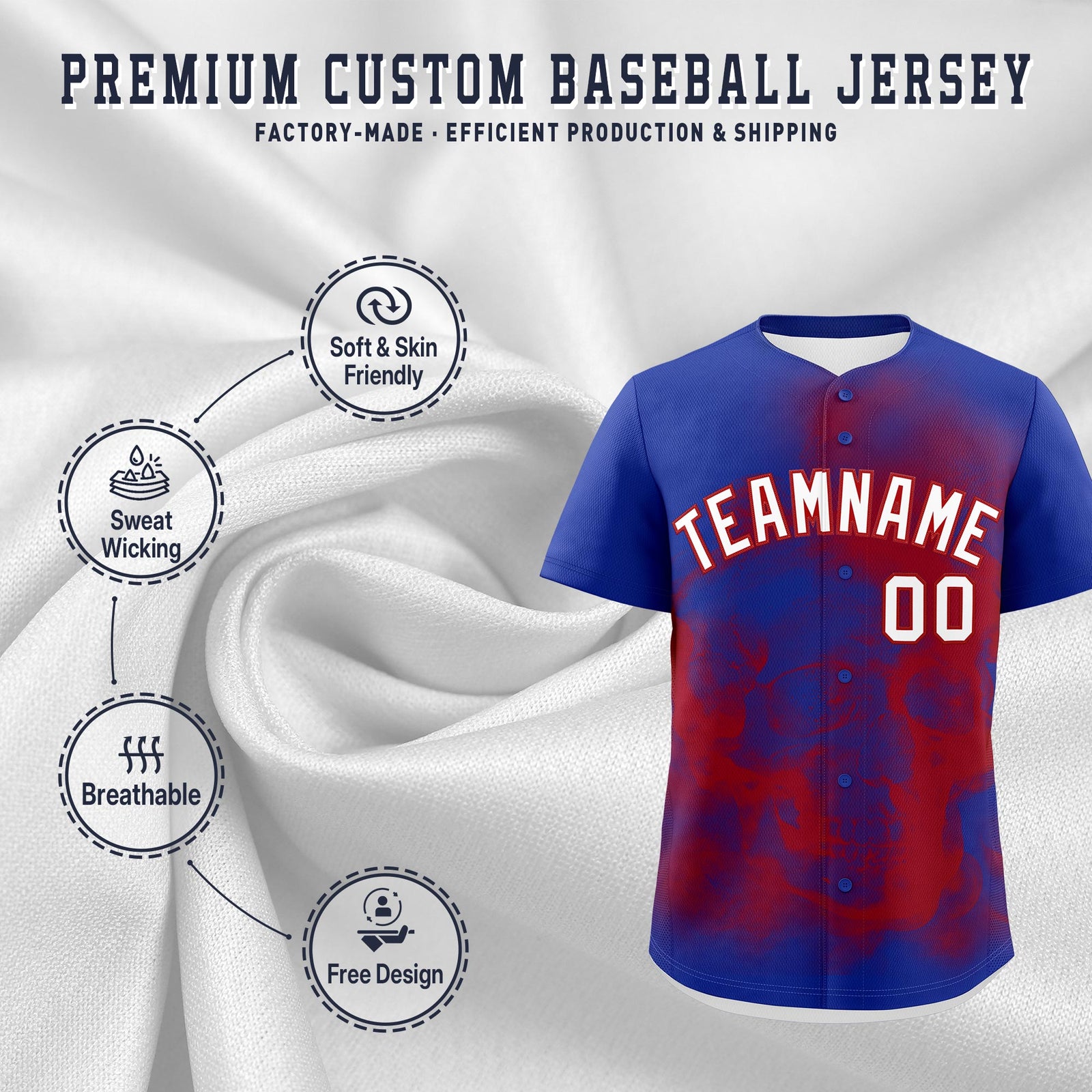 Custom Royal Blue Red White skeleton Graffiti Pattern Quick Dry Baseball Jersey| KXKSHOP