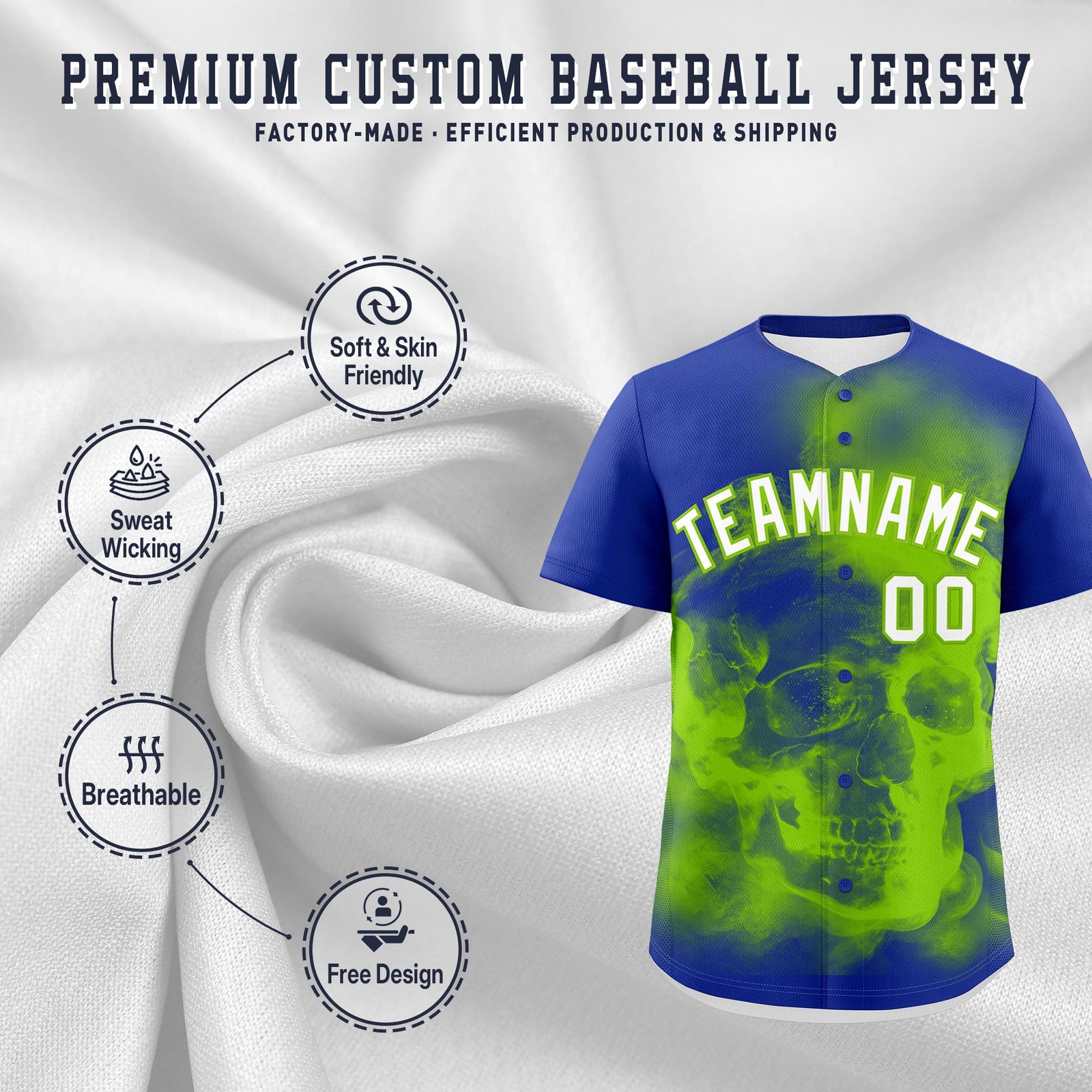 Custom Royal Blue Neon Green White skeleton Graffiti Pattern Quick Dry Baseball Jersey| KXKSHOP