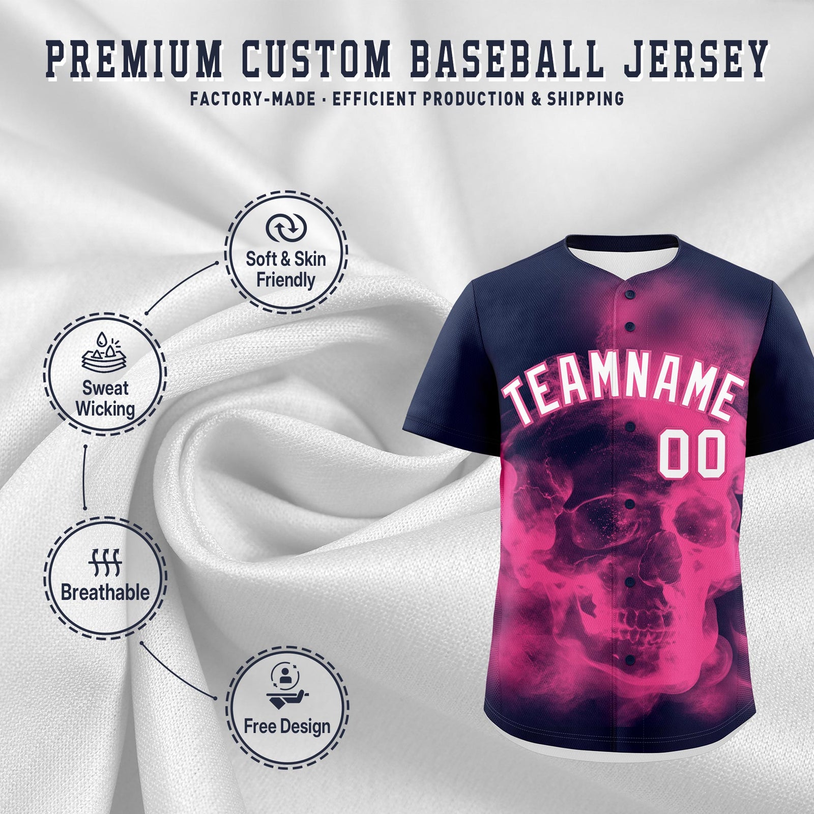 Custom Navy Pink White skeleton Graffiti Pattern Quick Dry Baseball Jersey| KXKSHOP
