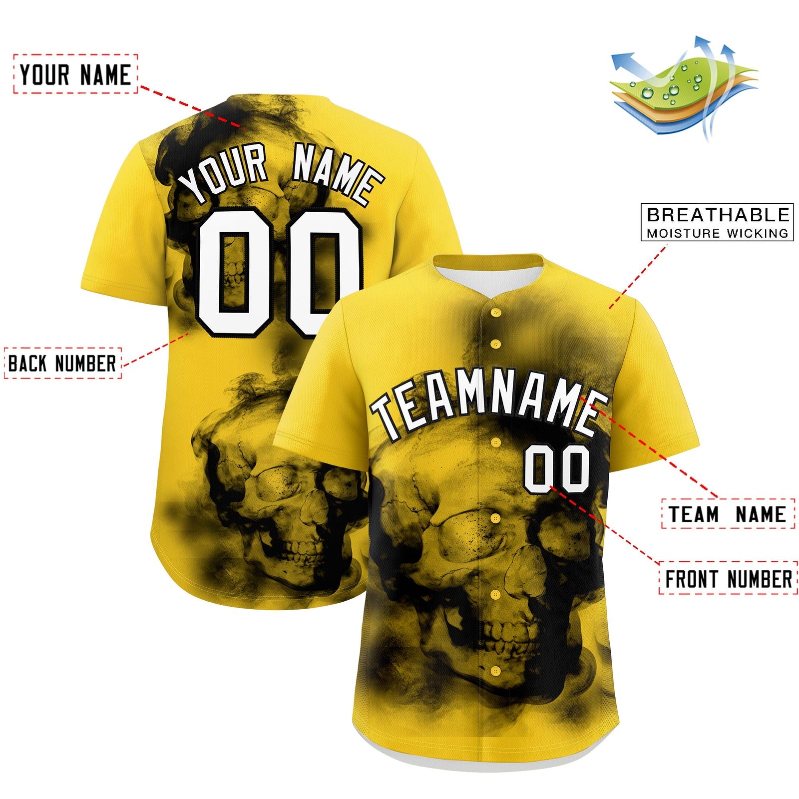 Custom Gold Black White skeleton Graffiti Pattern Quick Dry Baseball Jersey| KXKSHOP