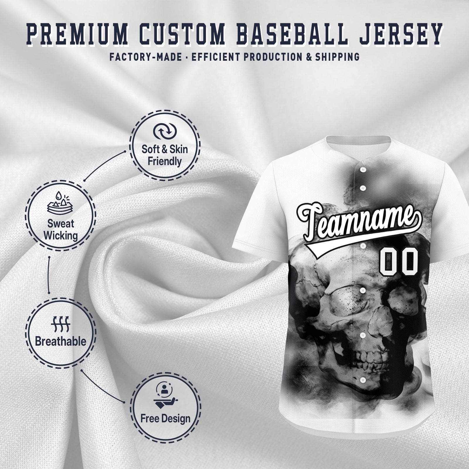 Custom White Black skeleton Graffiti Pattern Quick Dry Baseball Jersey| KXKSHOP