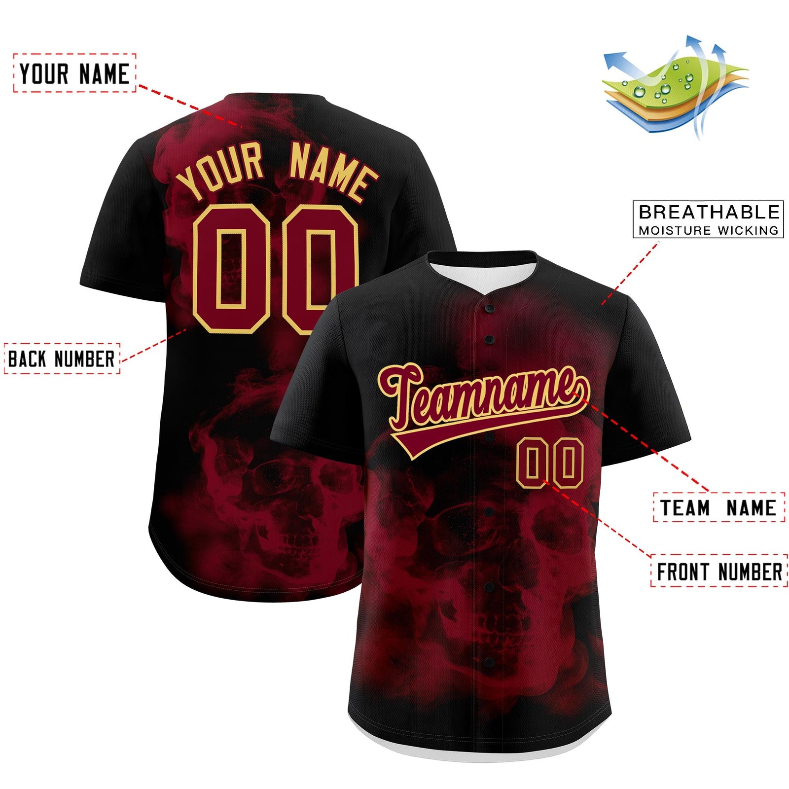 Custom Black Crimson Khaki skeleton Graffiti Pattern Lightweight Baseball Jersey| KXKSHOP