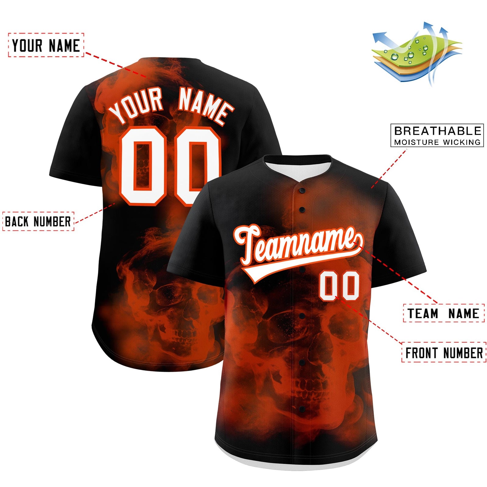 Custom Black Orange White skeleton Graffiti Pattern Quick Dry Baseball Jersey| KXKSHOP