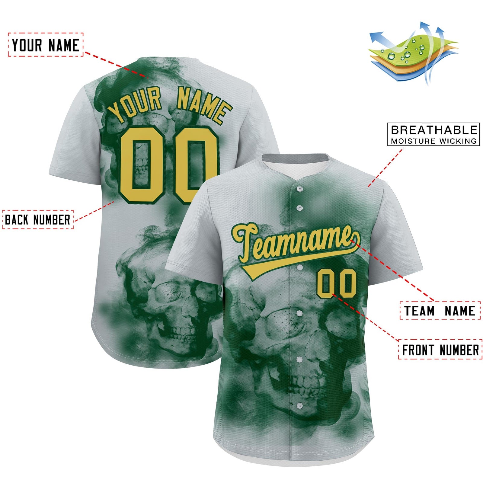 Custom Silver Dark Green Old Gold skeleton Graffiti Pattern Quick Dry Baseball Jersey| KXKSHOP