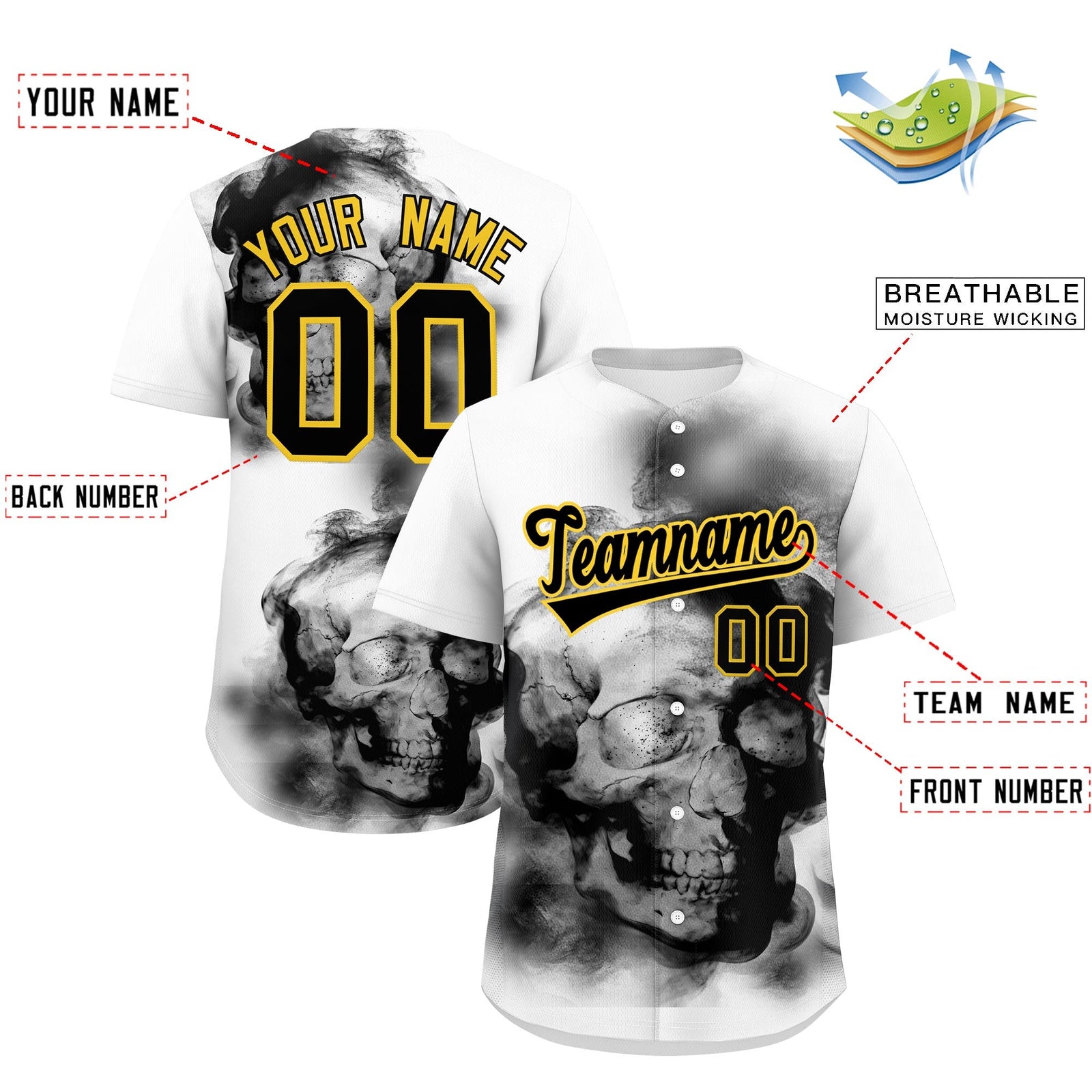 Custom White Black Gold skeleton Graffiti Pattern Lightweight Baseball Jersey| KXKSHOP