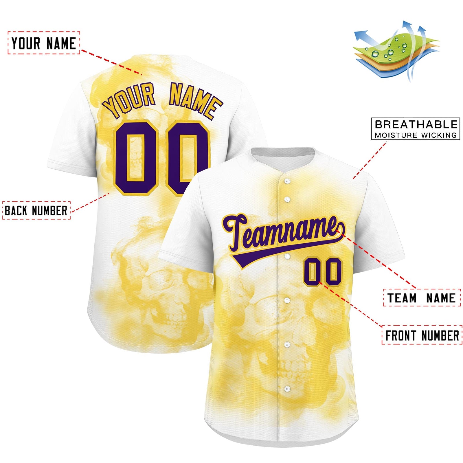 Custom White Gold Purple skeleton Graffiti Pattern Quick Dry Baseball Jersey| KXKSHOP