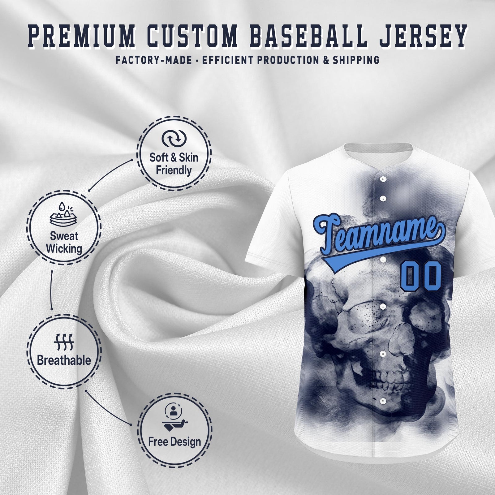 Custom White Navy Powder Blue skeleton Graffiti Pattern Lightweight Baseball Jersey| KXKSHOP