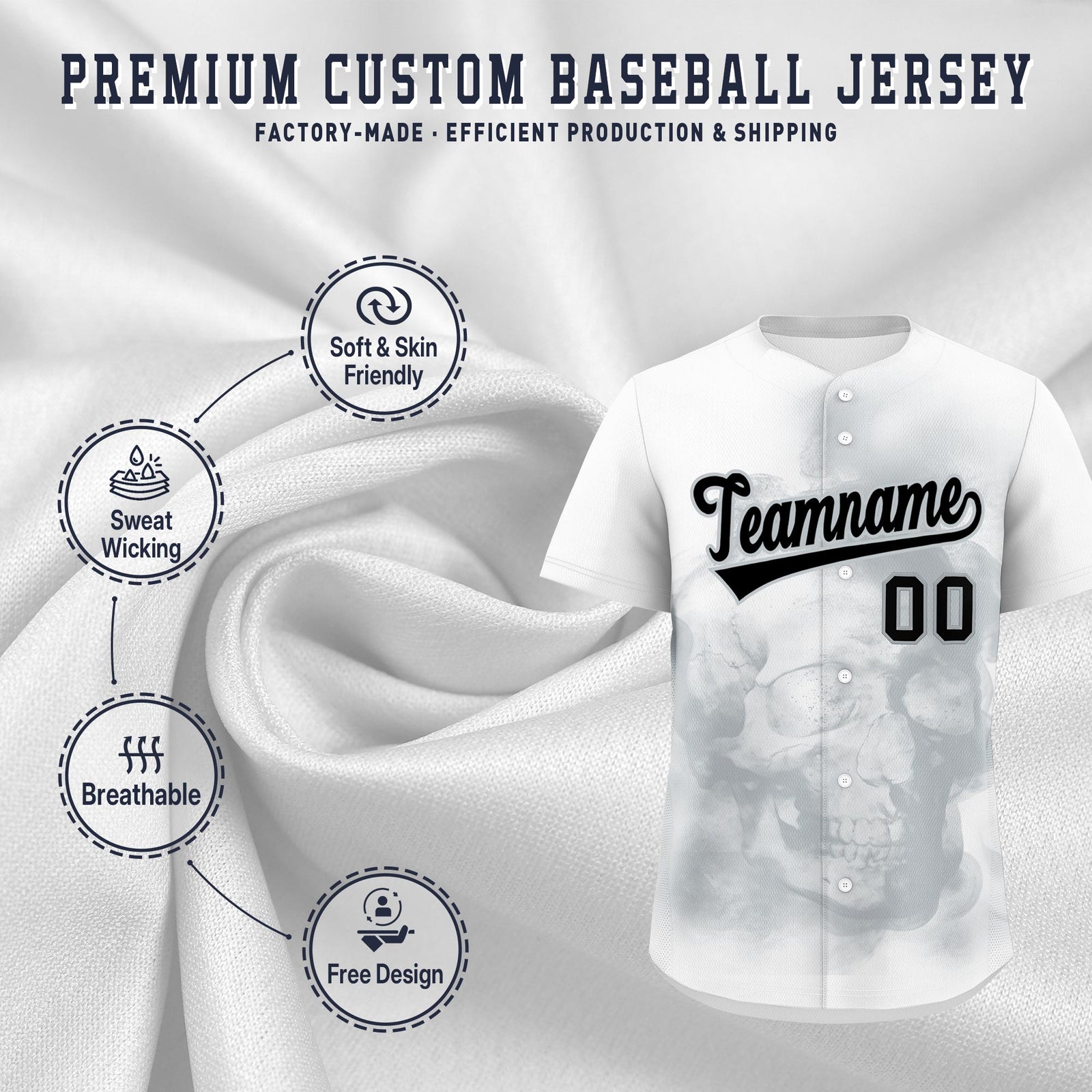 Custom White Silver Black skeleton Graffiti Pattern Quick Dry Baseball Jersey| KXKSHOP
